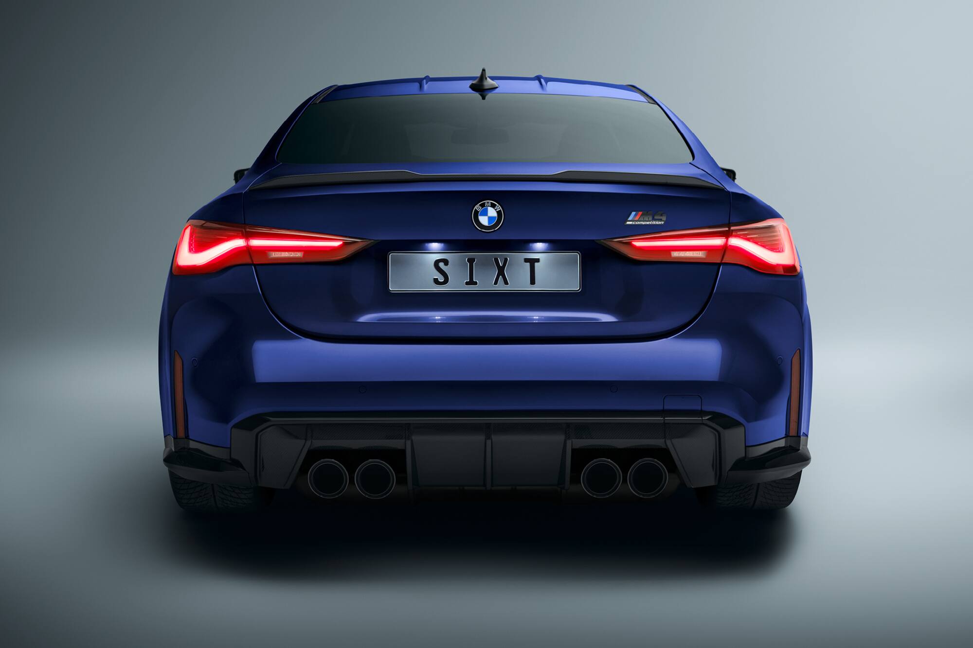 the back of a blue car