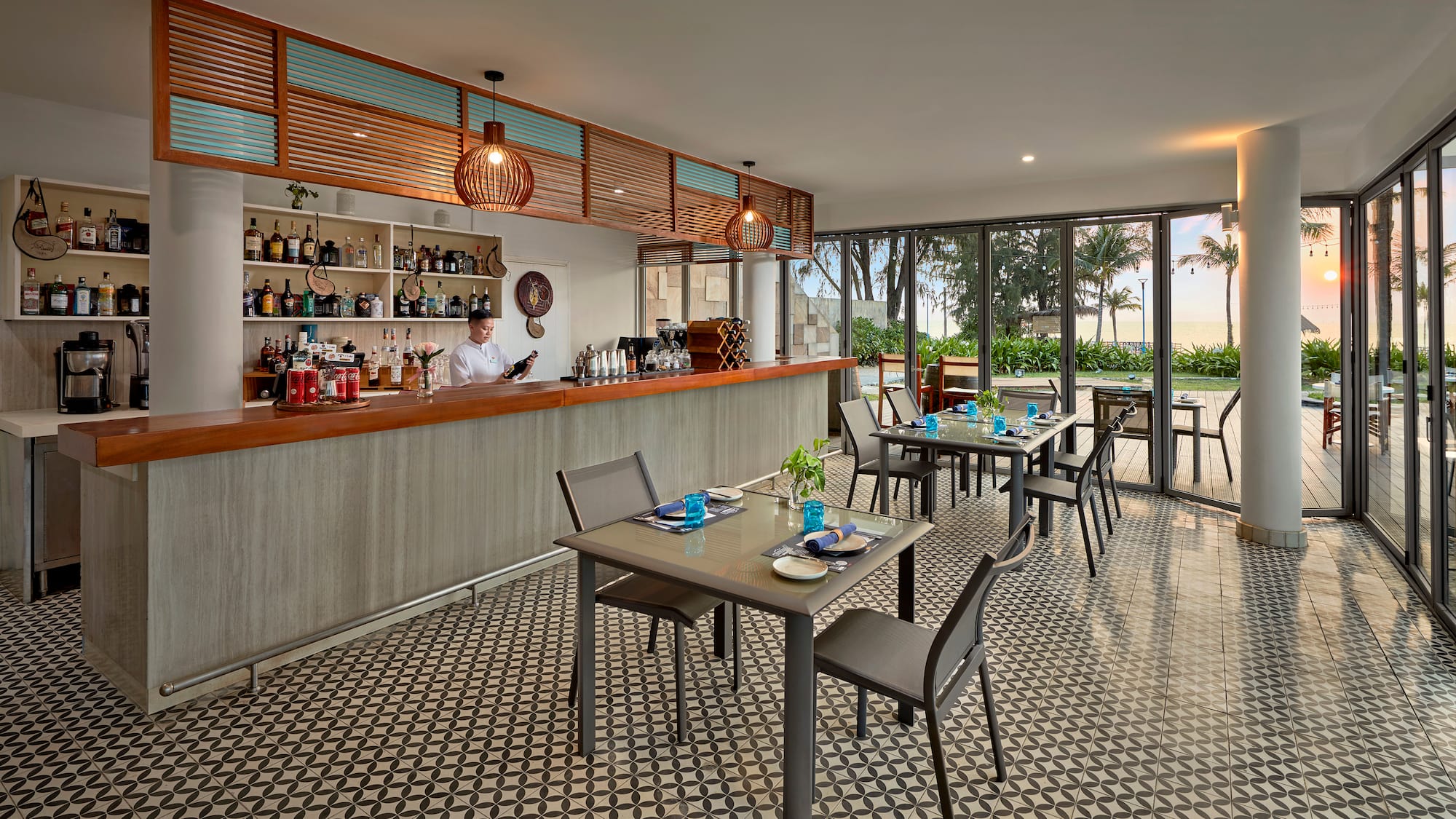 a restaurant with tables and chairs