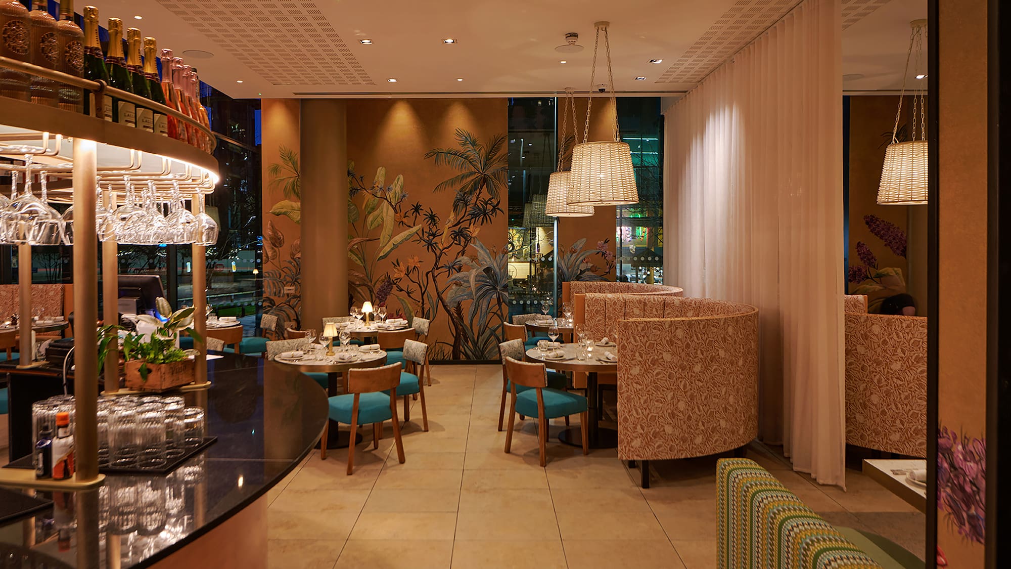 a restaurant with tables and chairs