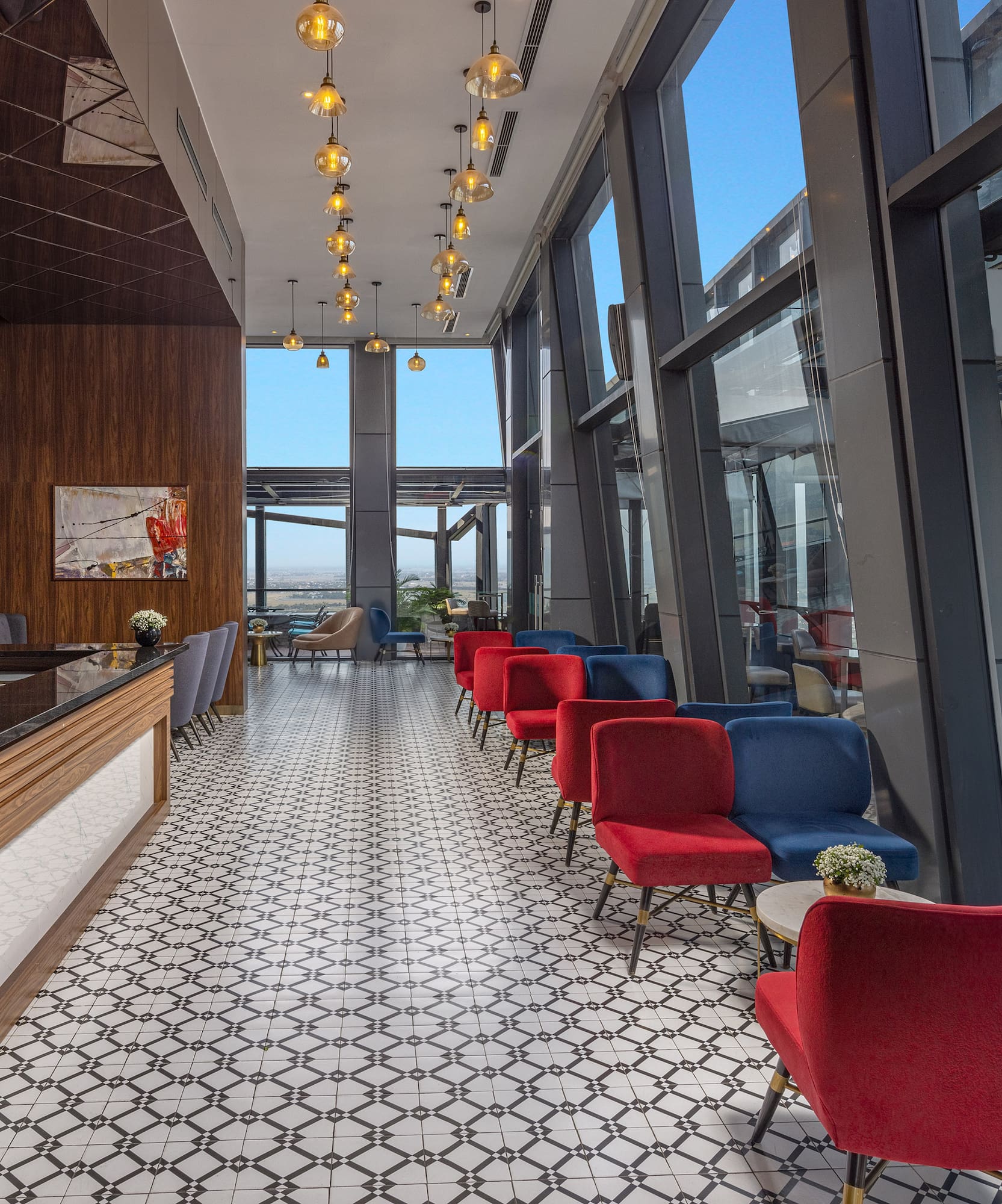 a room with chairs and a counter