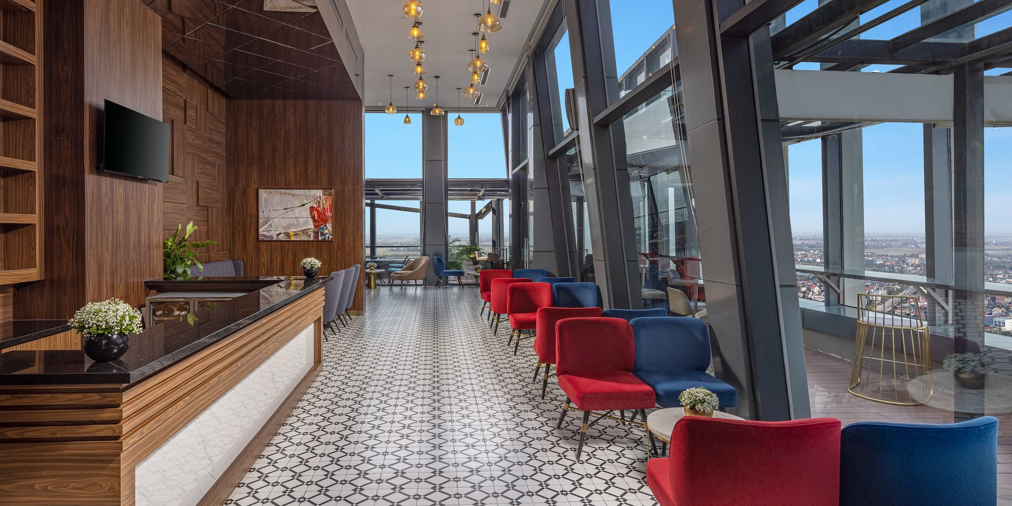 a room with chairs and a counter