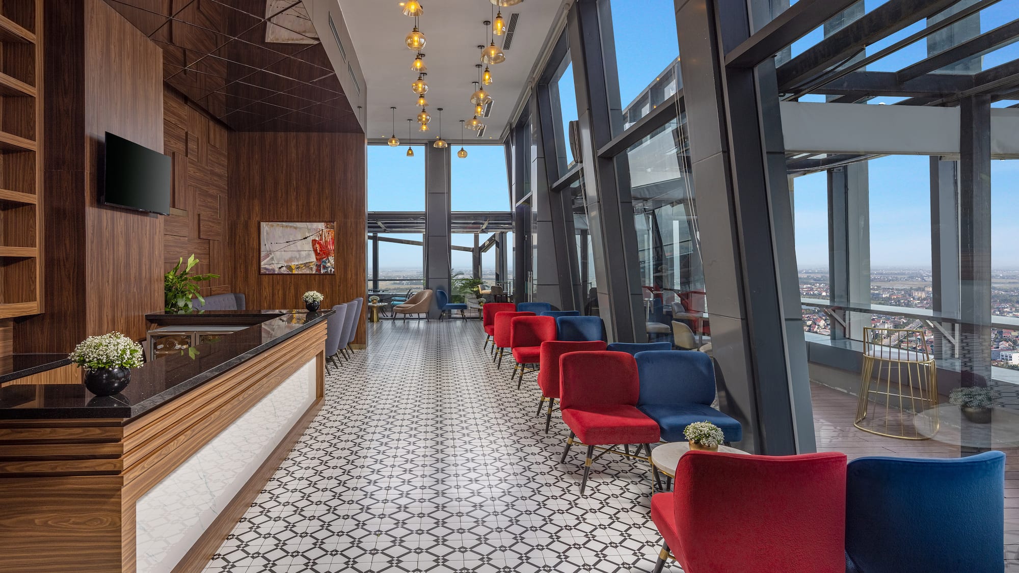 a room with chairs and a counter