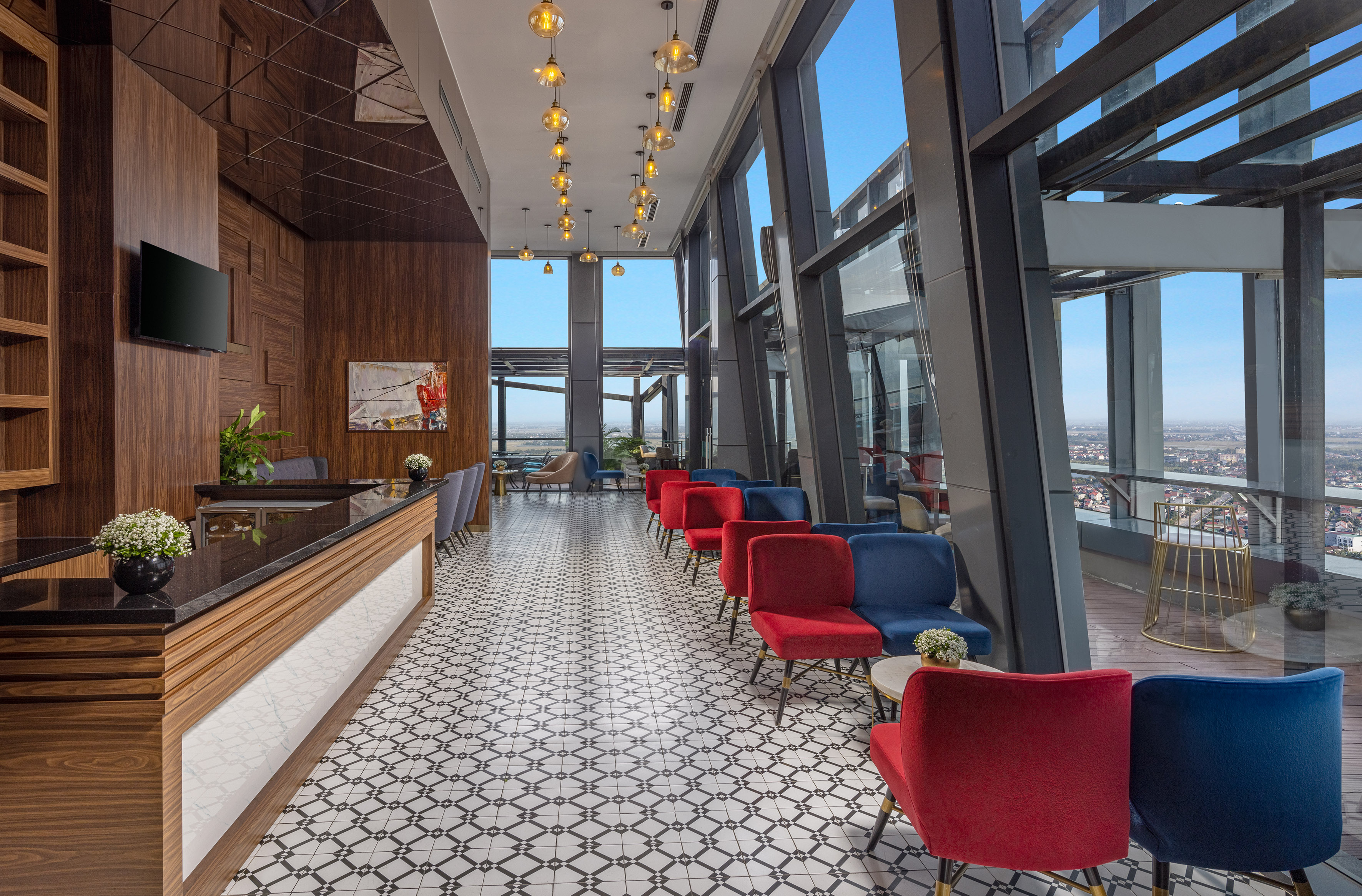 a room with chairs and a counter