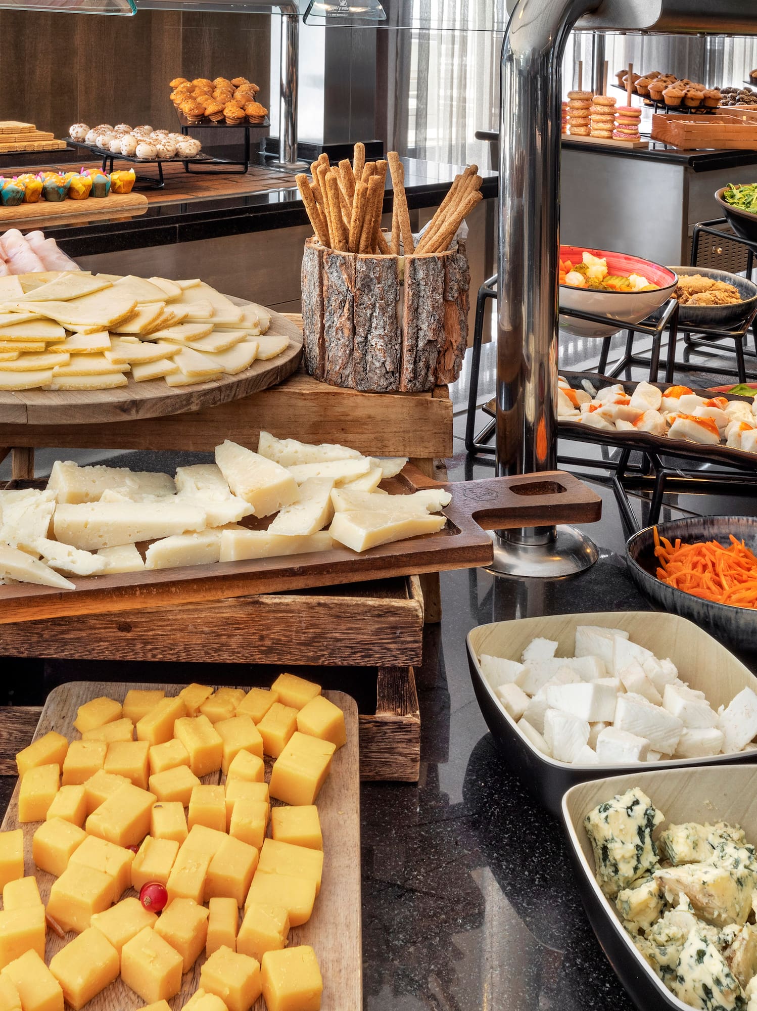 a buffet table full of food