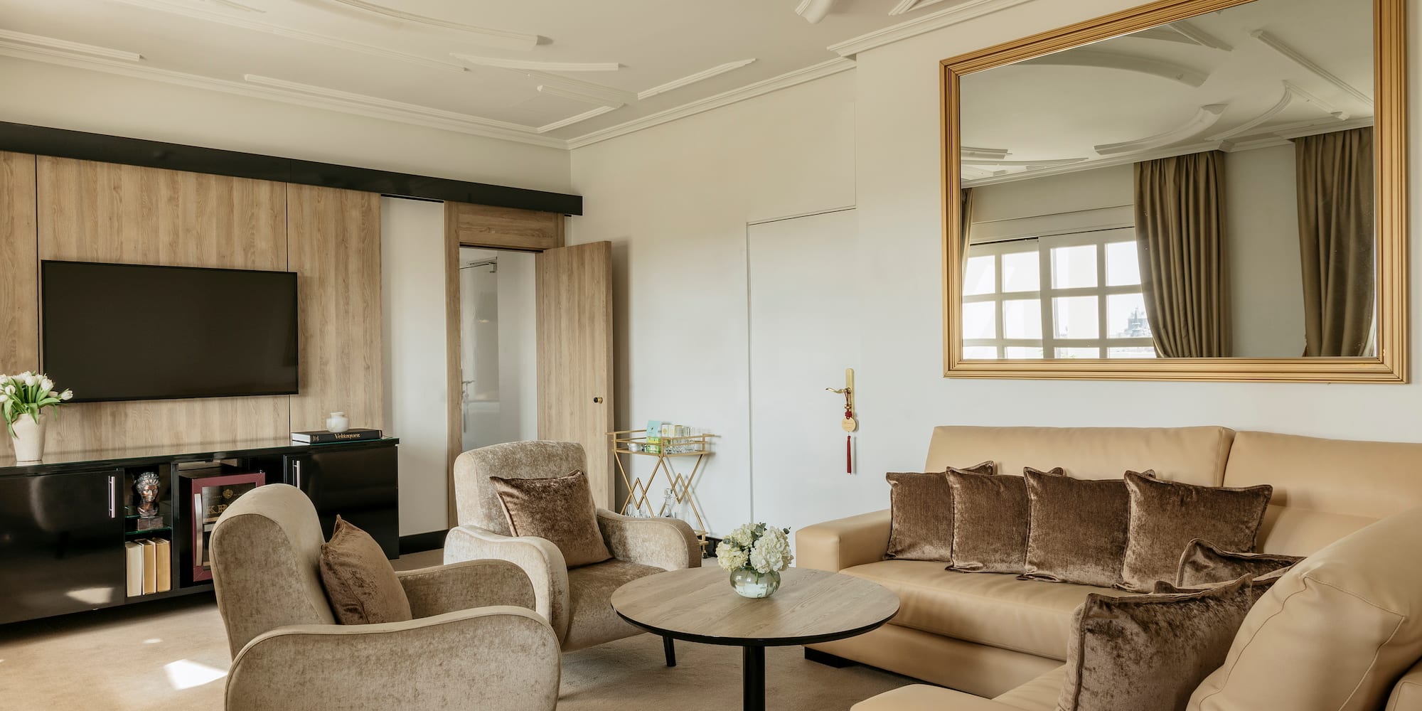 a living room with a couch and a table