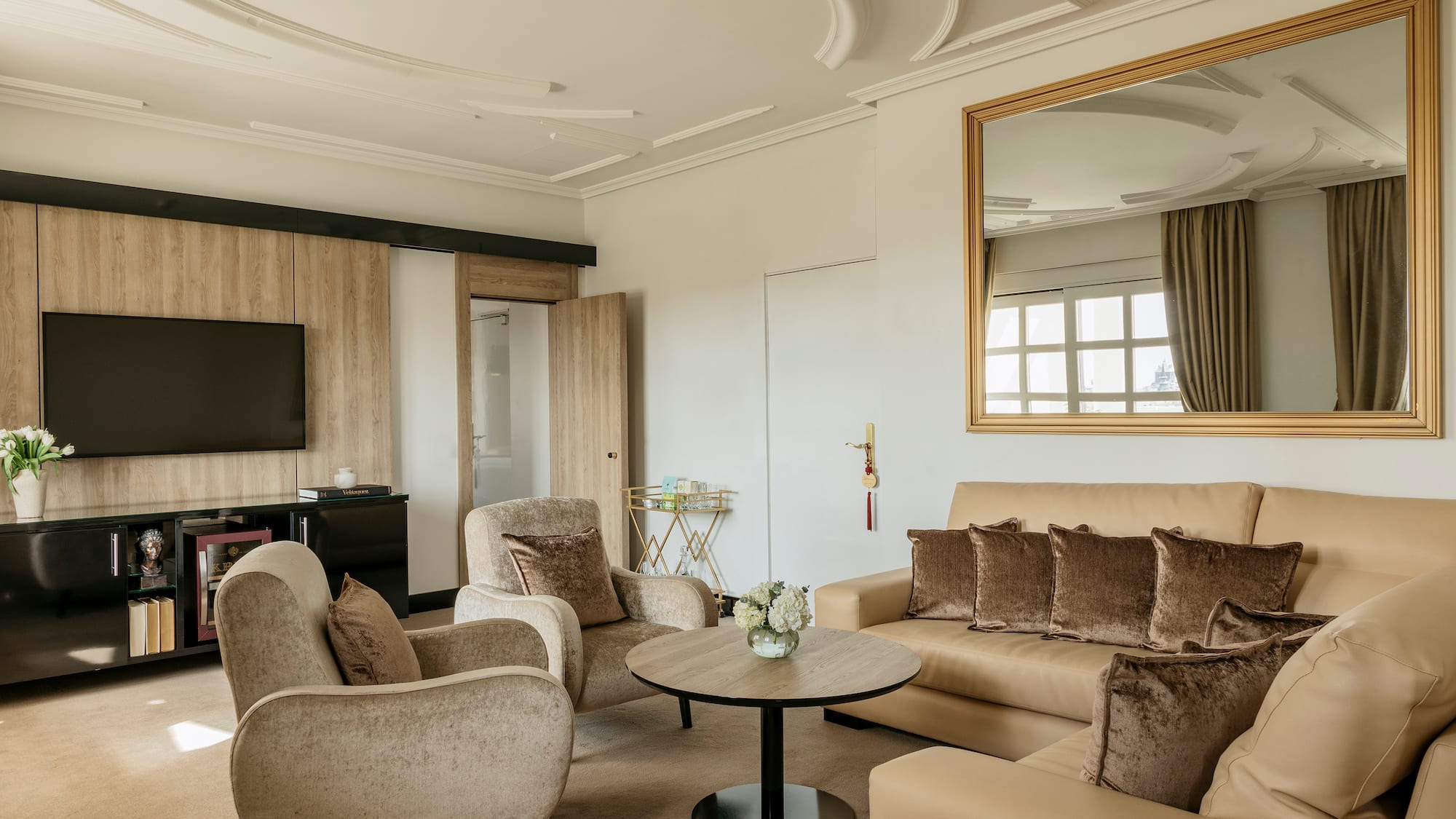 a living room with a couch and a table