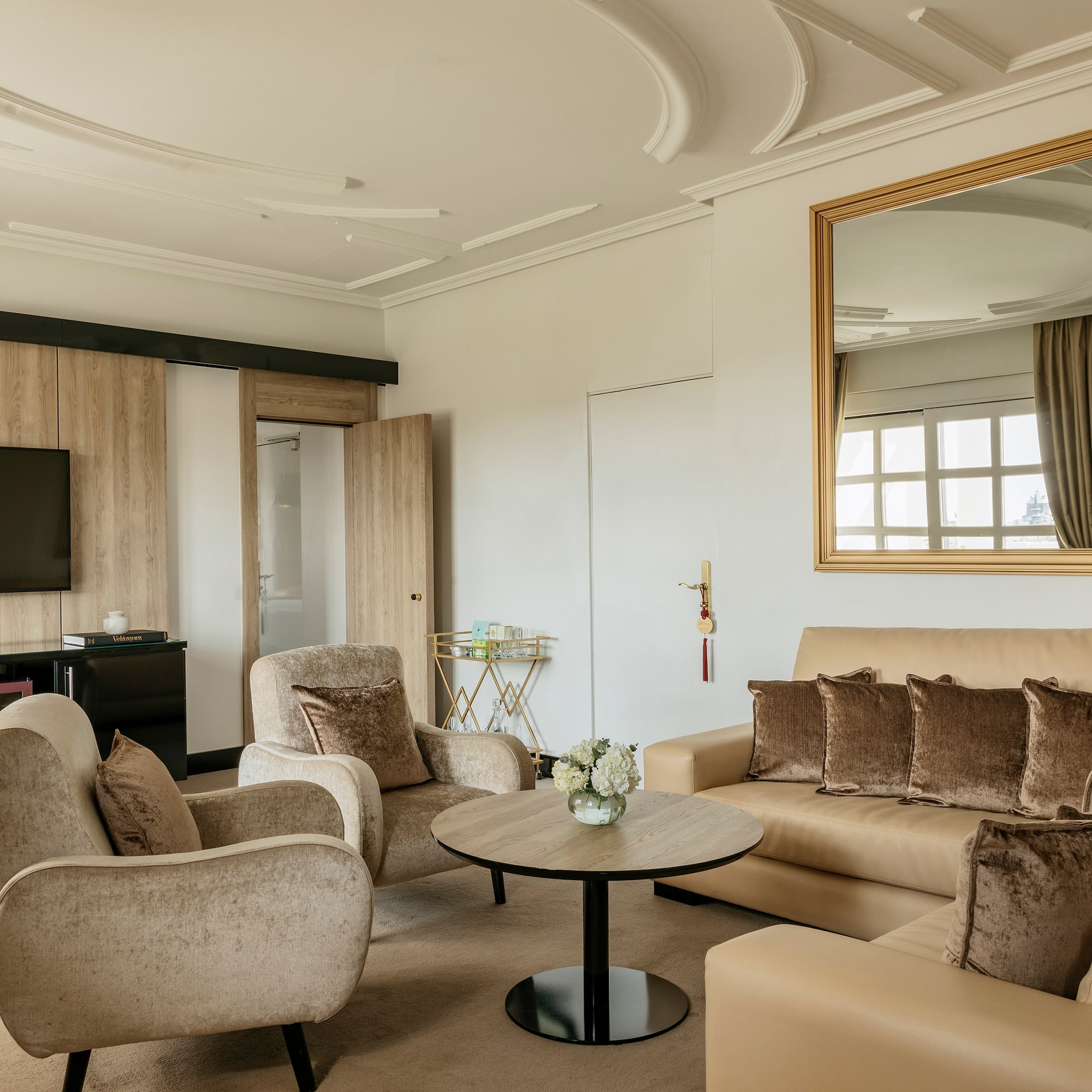 a living room with a couch and a table