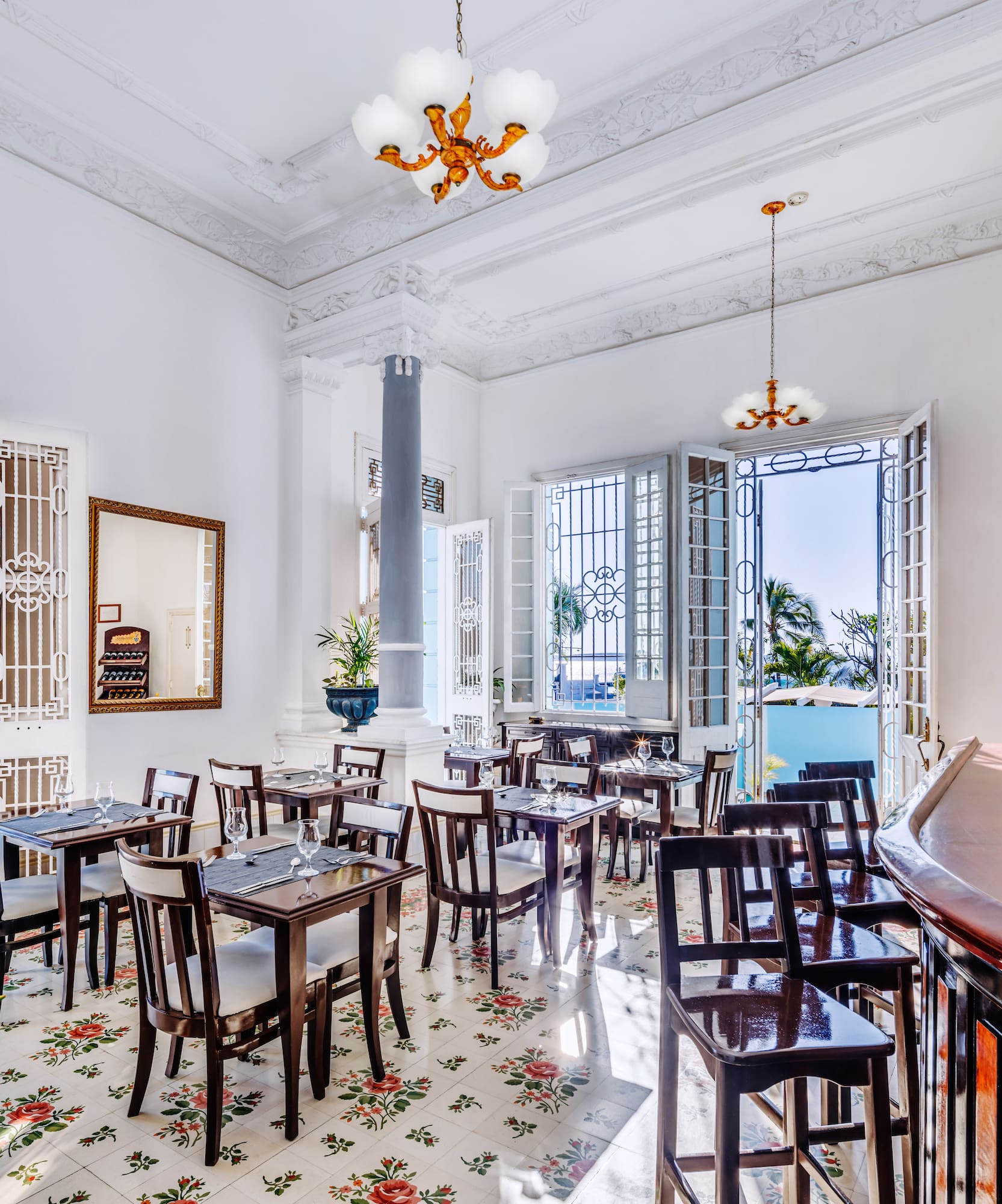 a room with tables and chairs