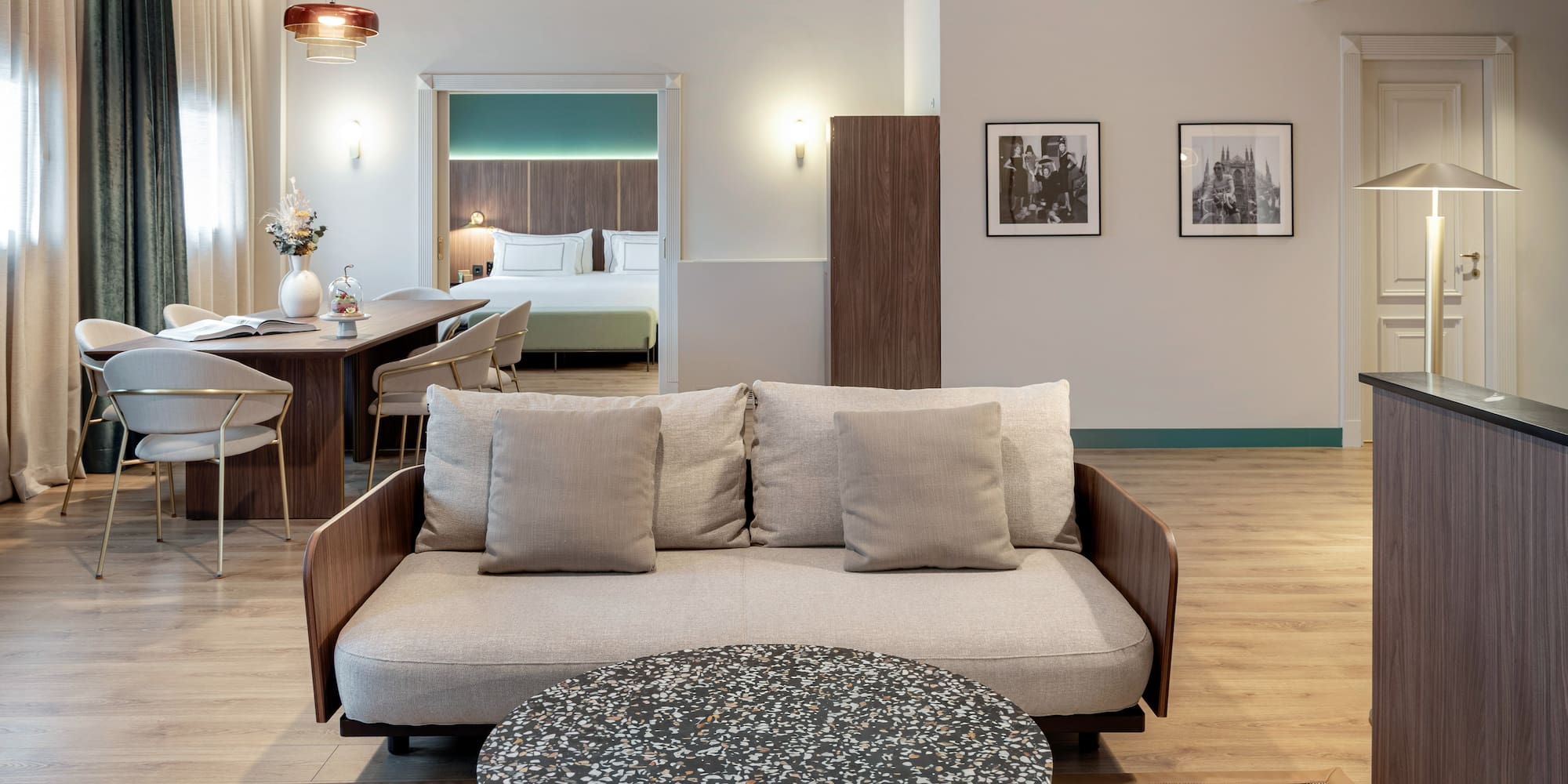 a living room with a couch and a table