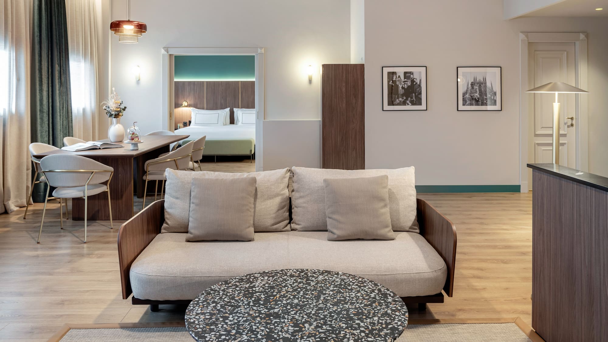 a living room with a couch and a table