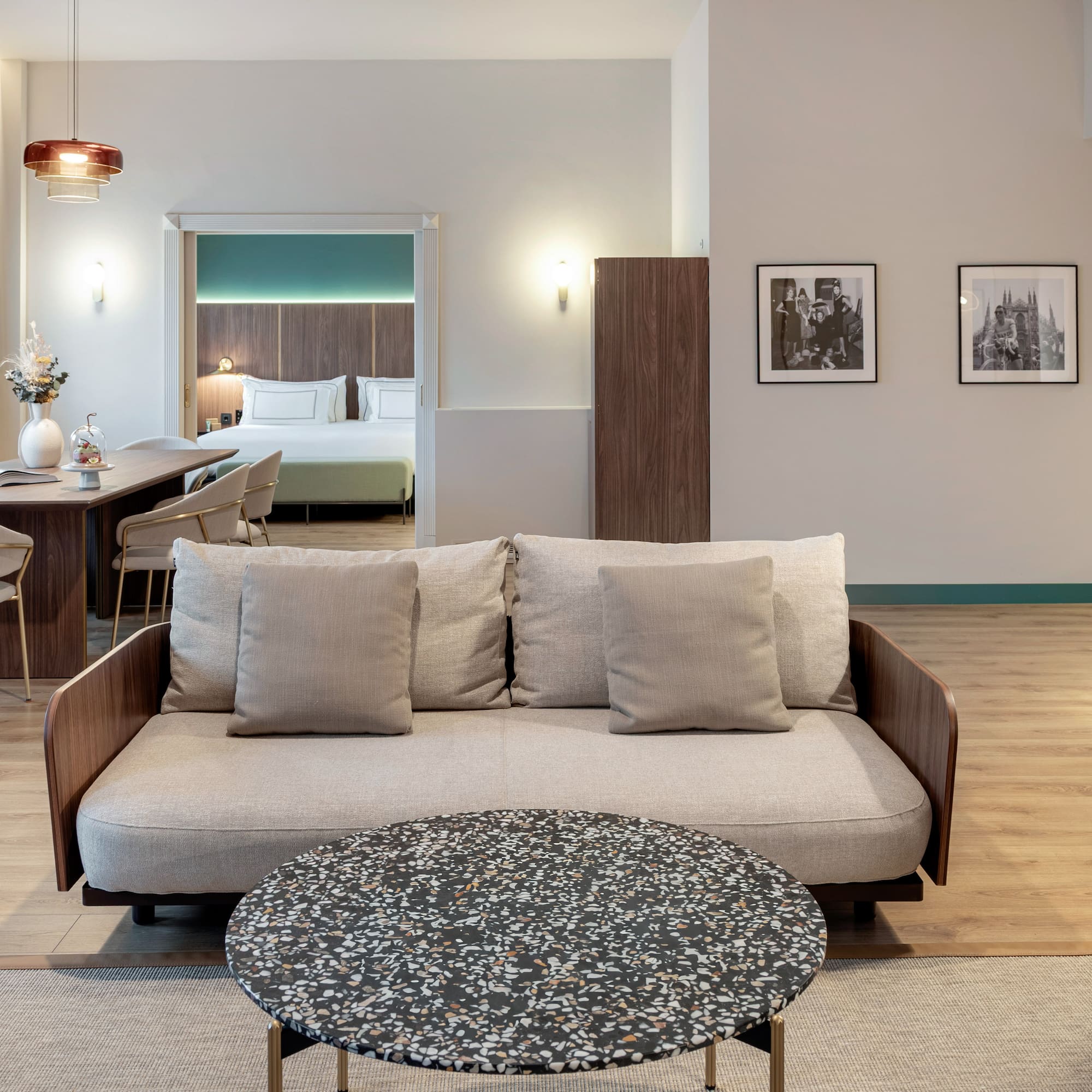 a living room with a couch and a table