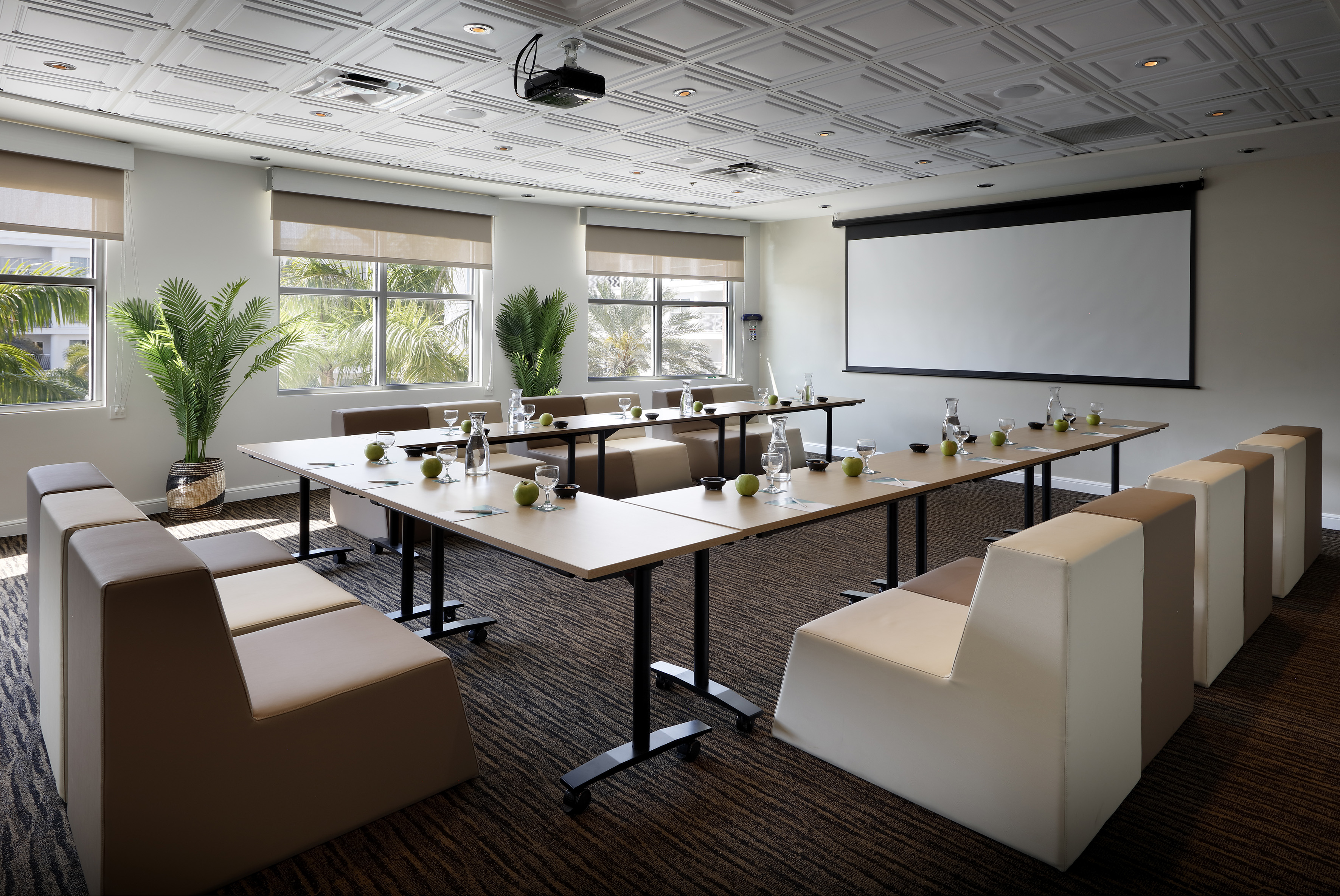 a room with tables and chairs