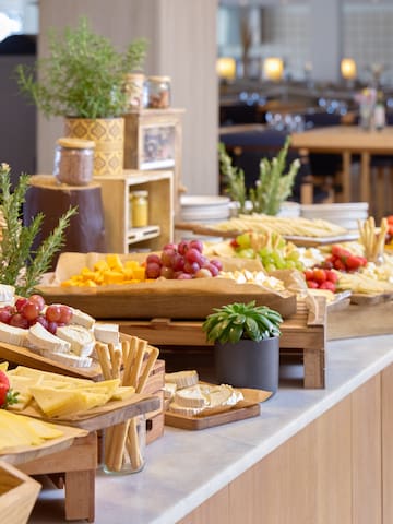 a buffet table with different types of food