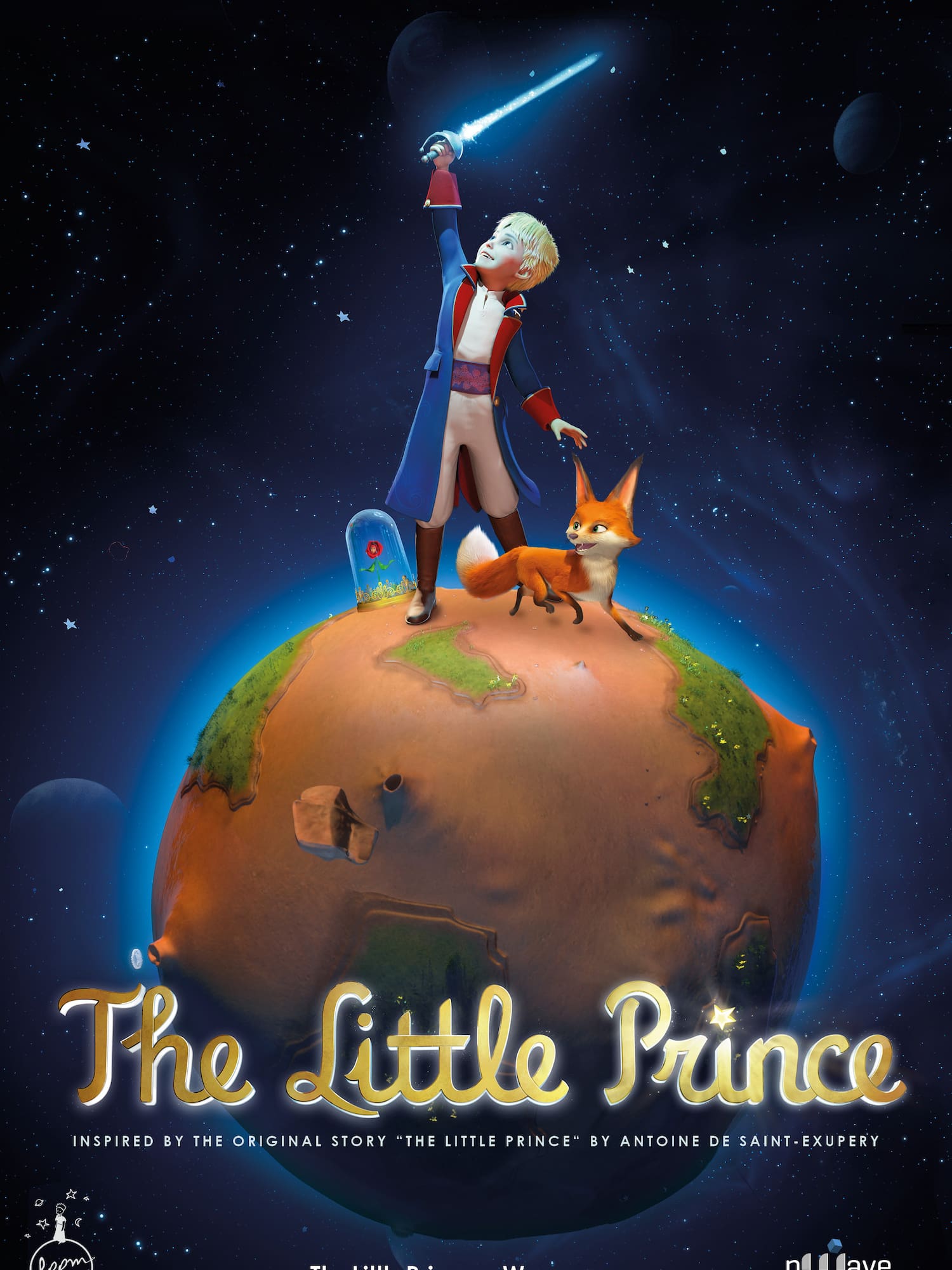 a cartoon of a boy and a fox on a planet