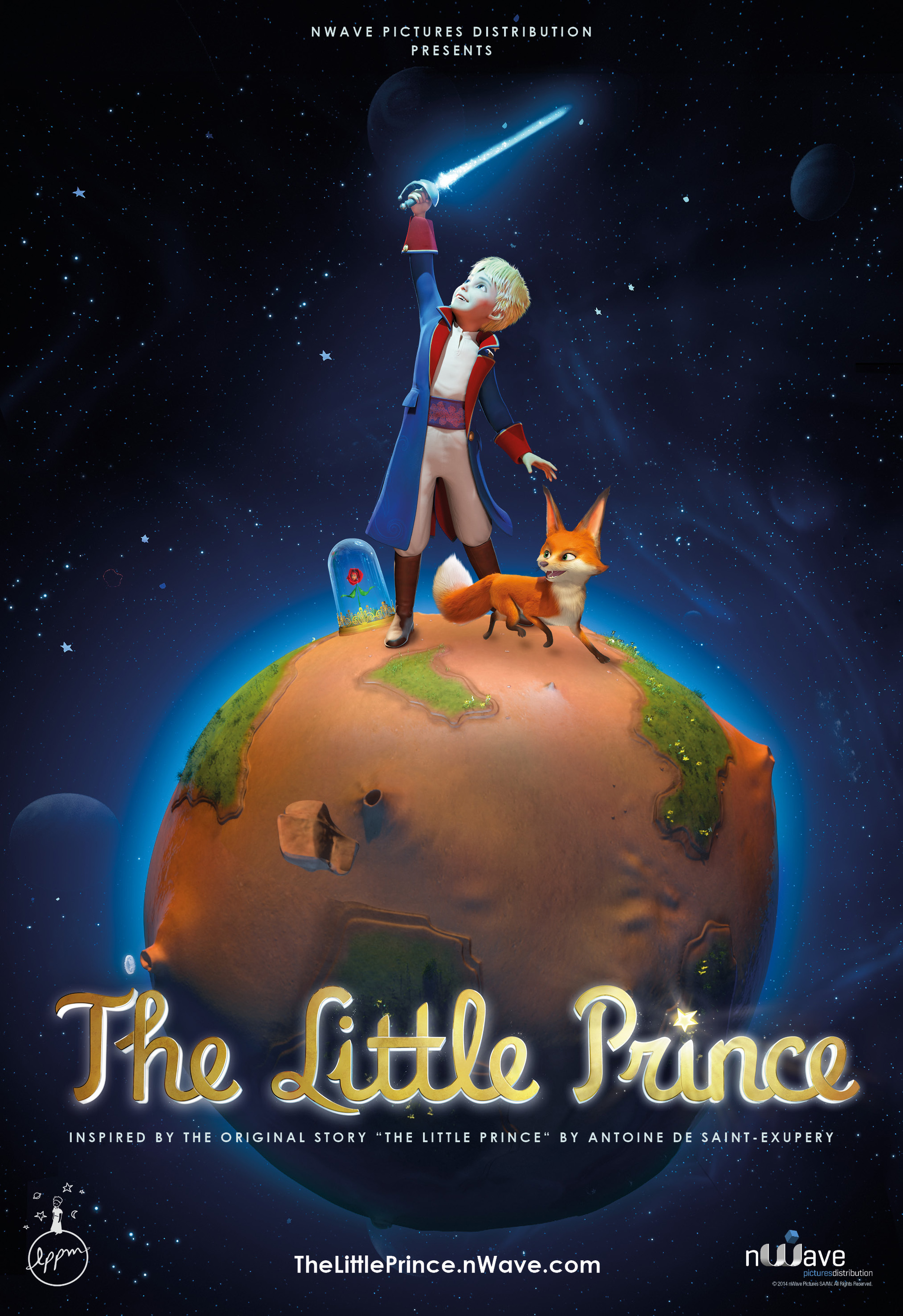 The Little Prince, fox, and rose on a small planet in starry space.