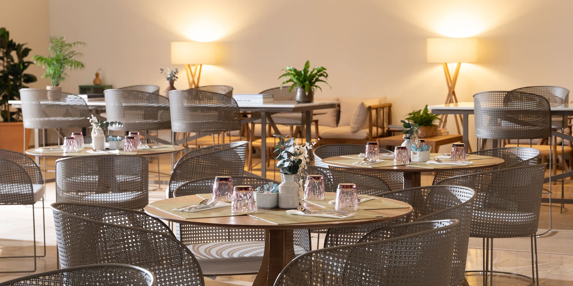 a room with tables and chairs