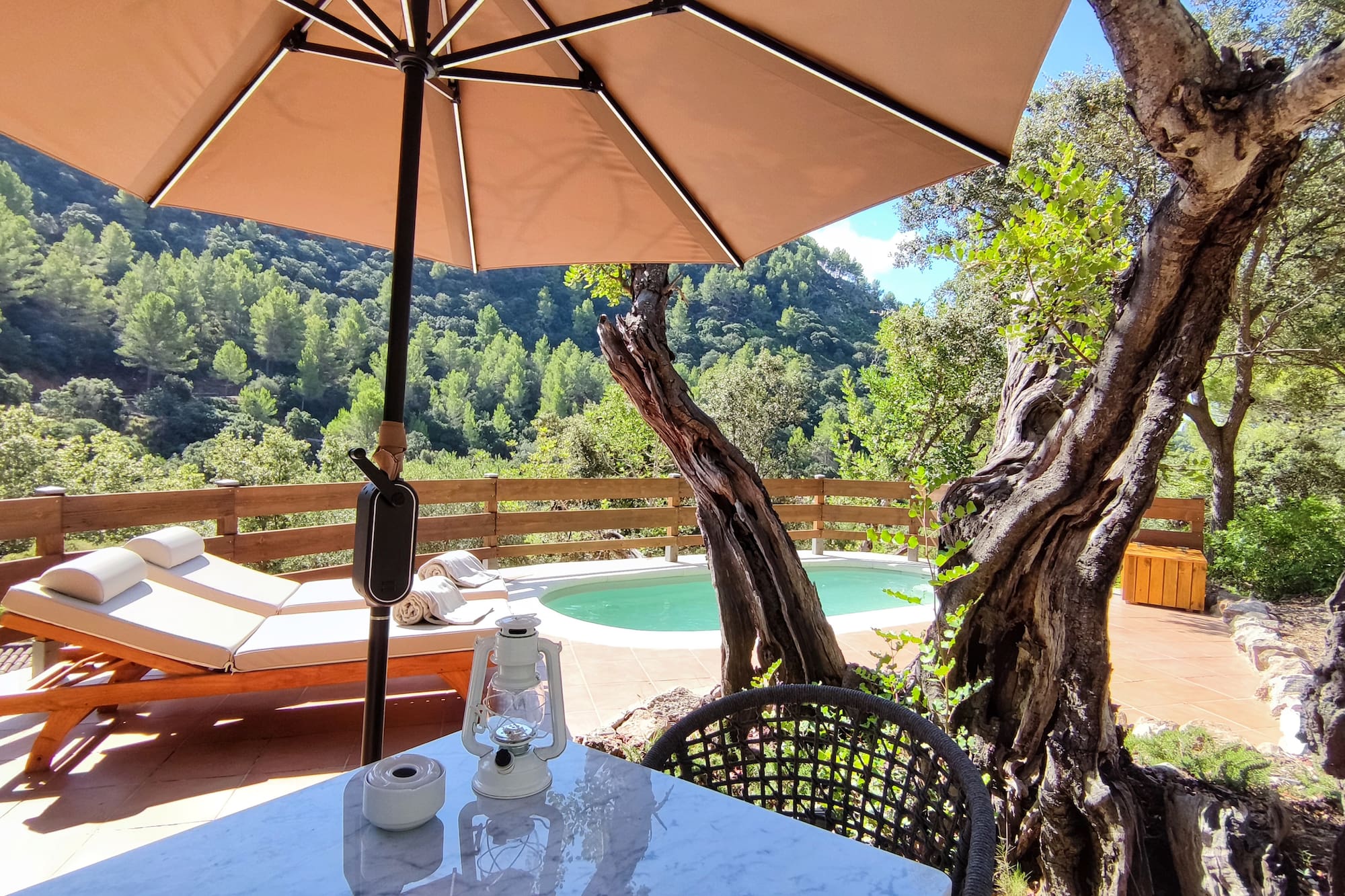 a table and chair with an umbrella and a pool in the background