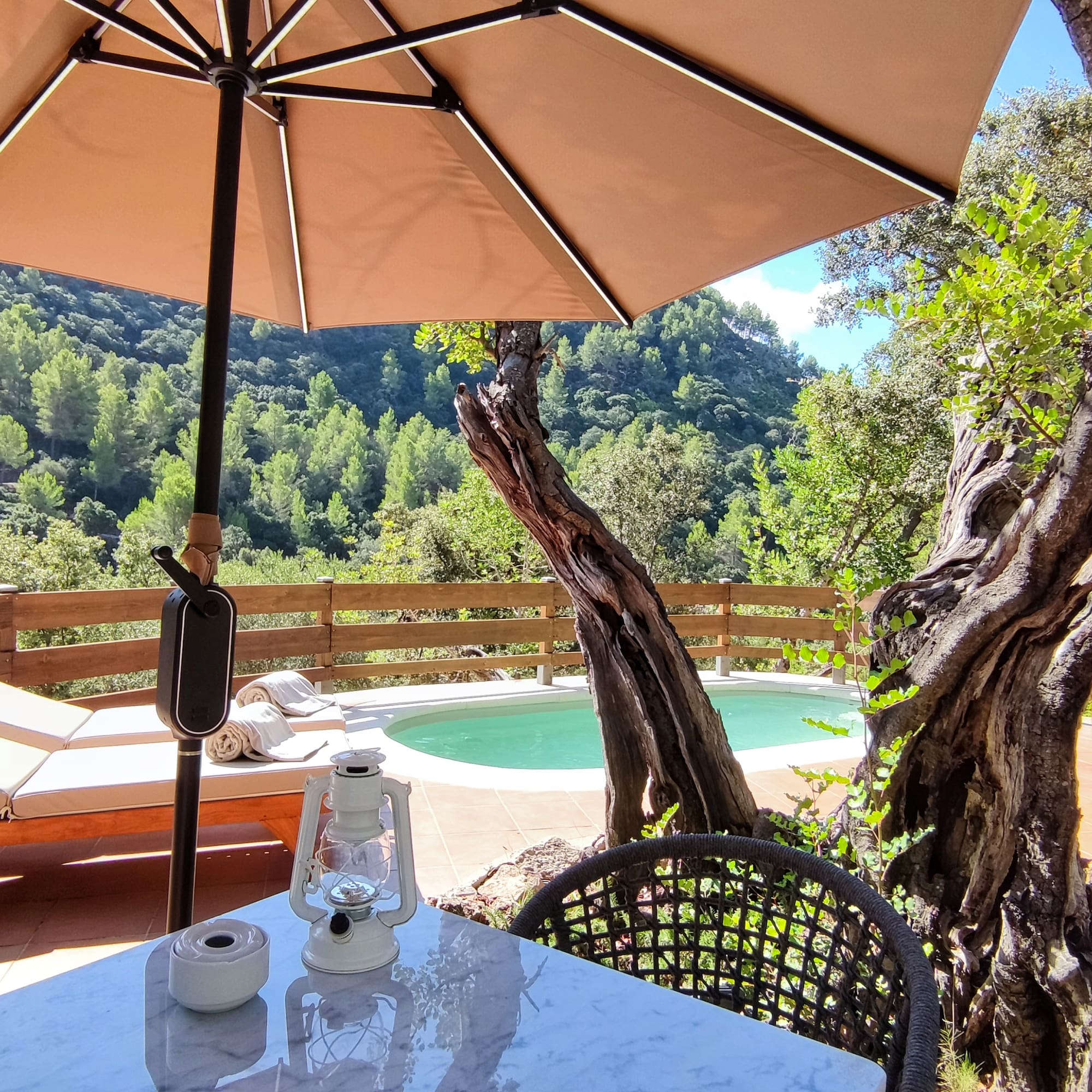 a table and chair with an umbrella and a pool in the background