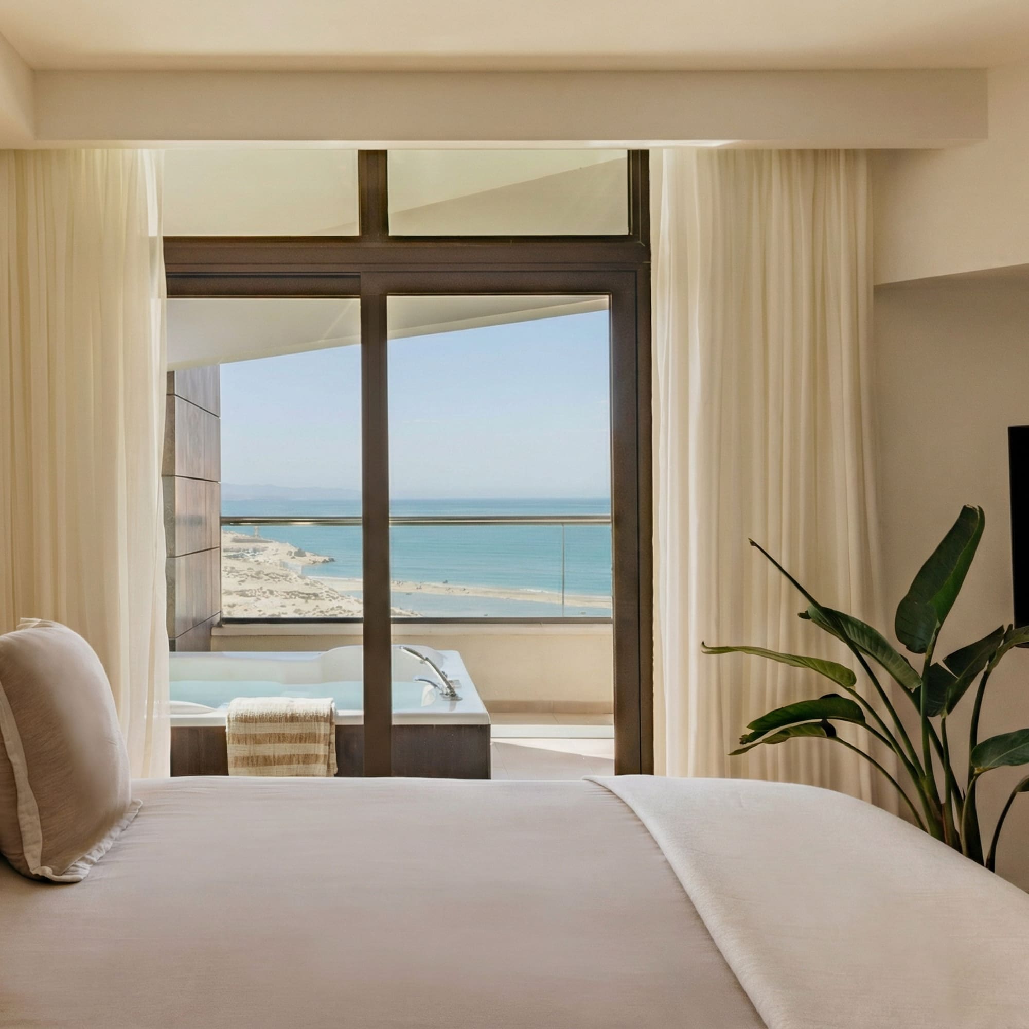 a bedroom with a television and a large window