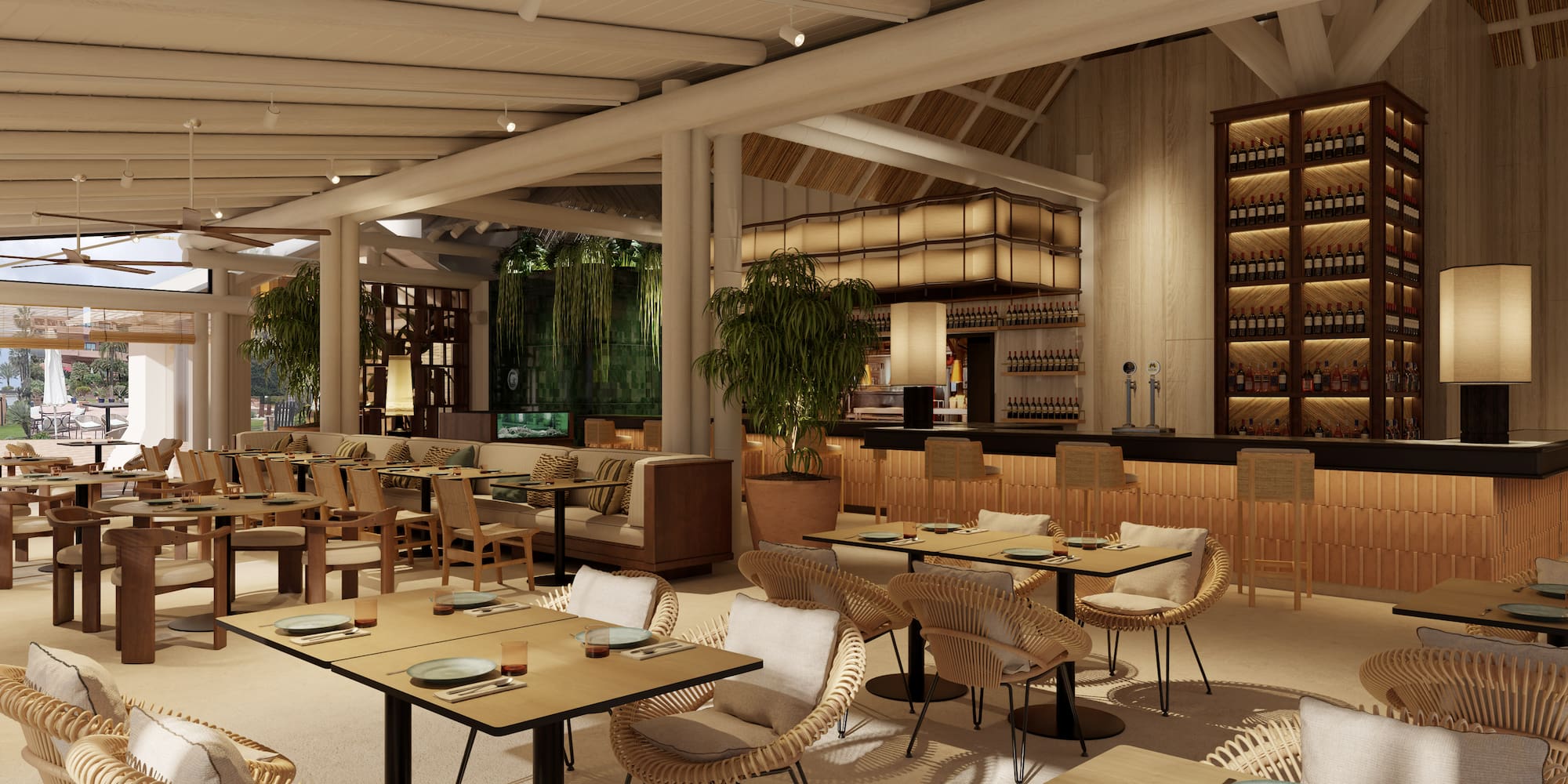 a room with tables and chairs