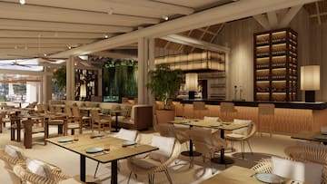 a room with tables and chairs