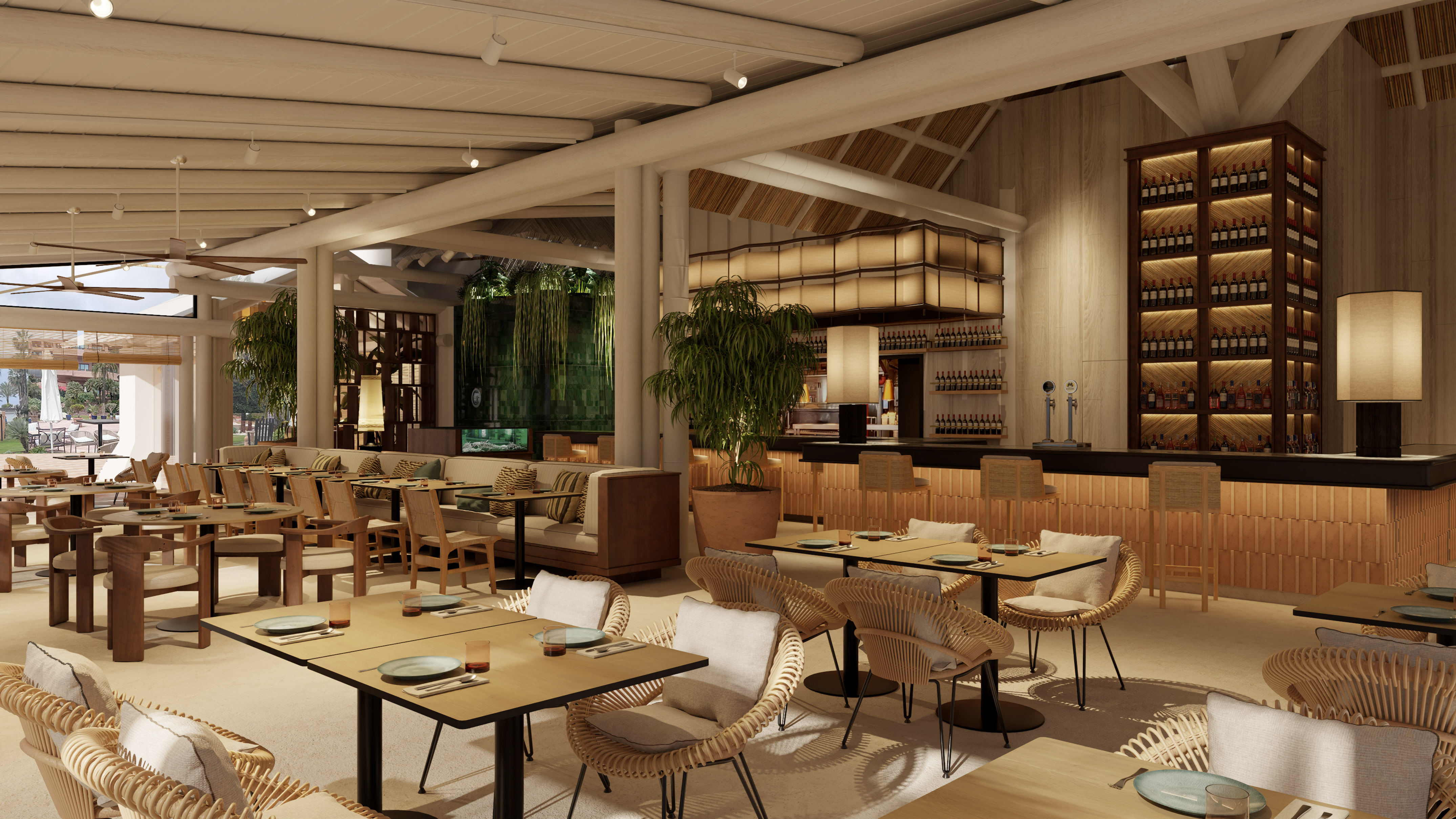 a room with tables and chairs