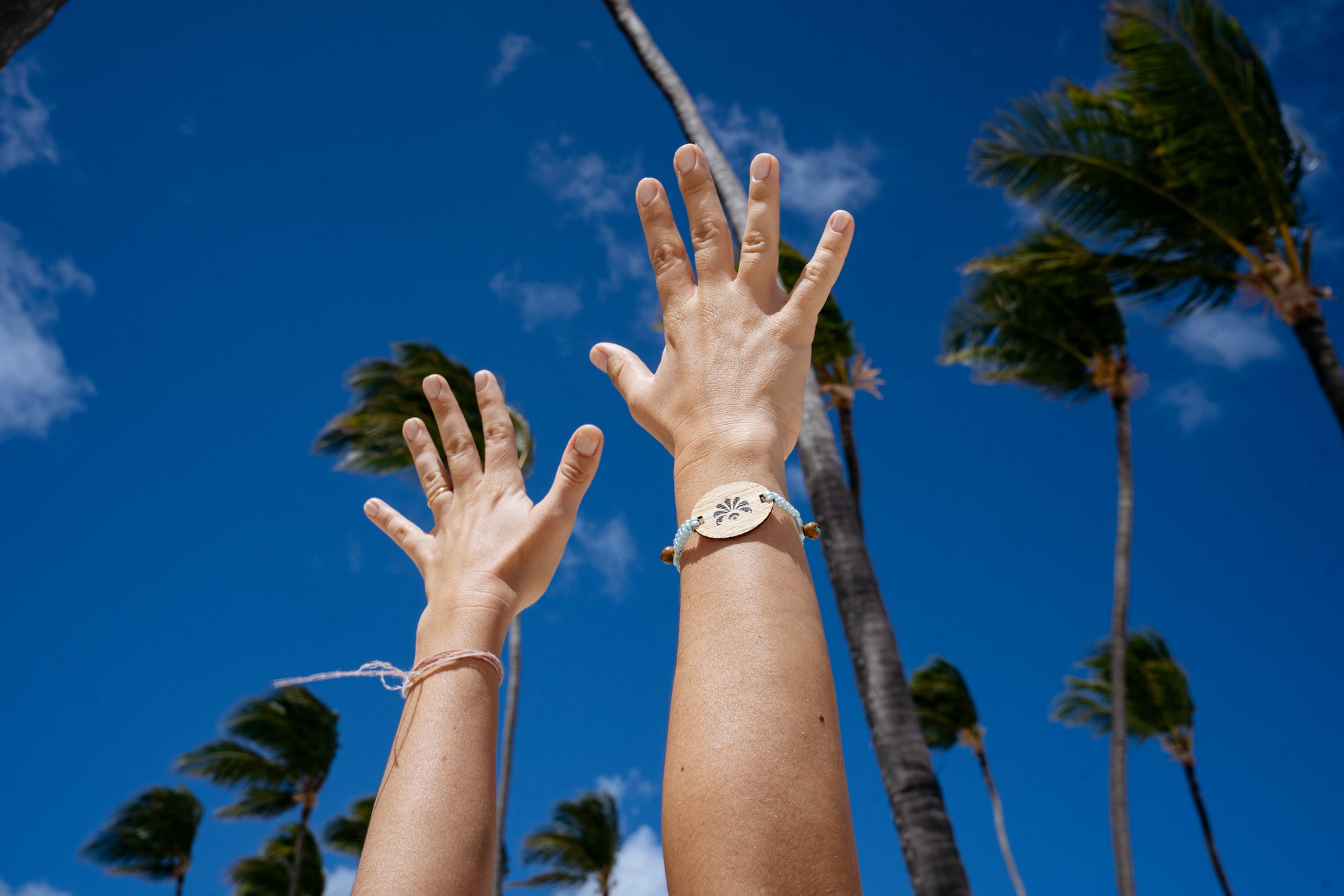 a person's hands reaching out to the sky