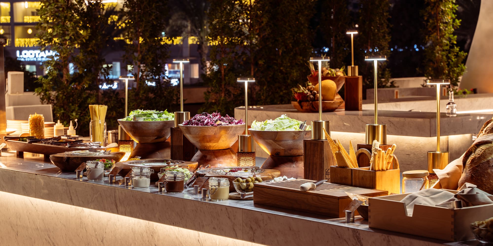 a buffet table with food on it