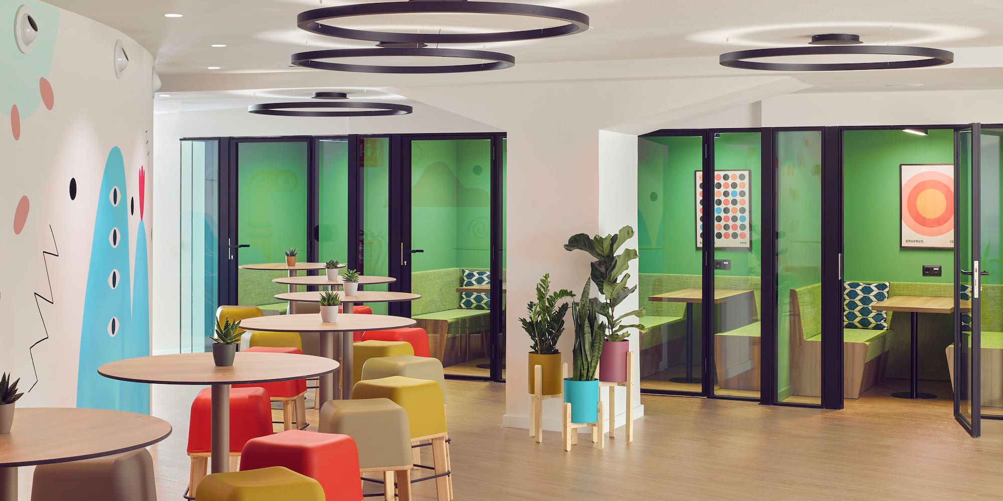 a room with tables and chairs