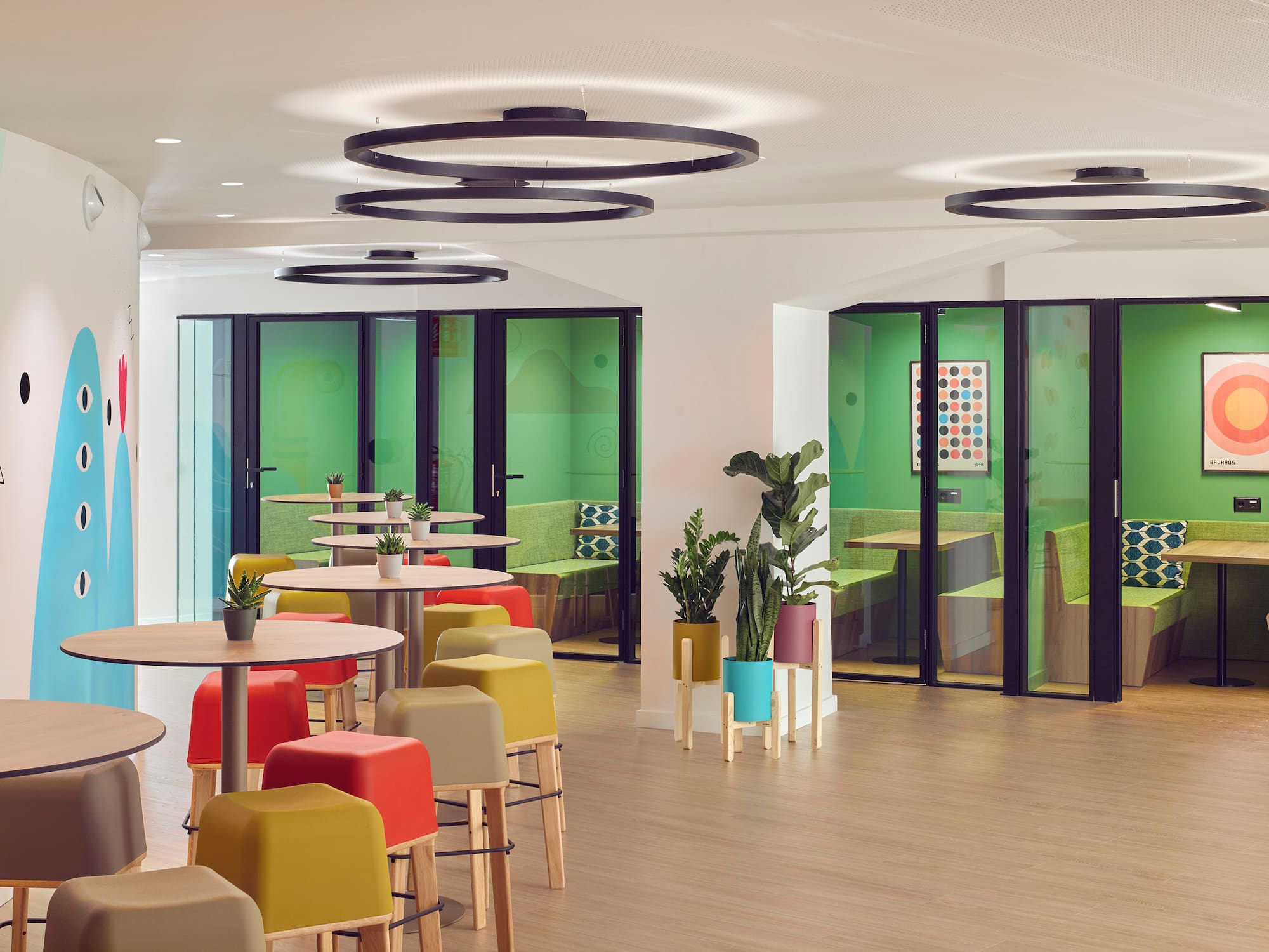 a room with tables and chairs