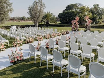 a group of chairs in a field