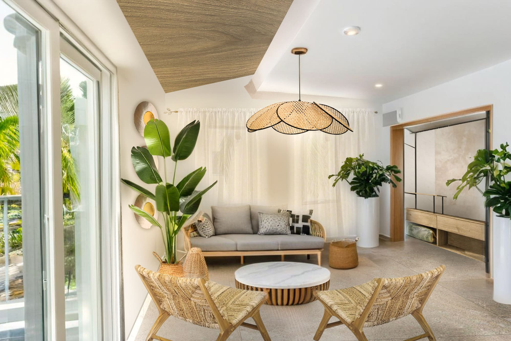 a room with a couch and chairs