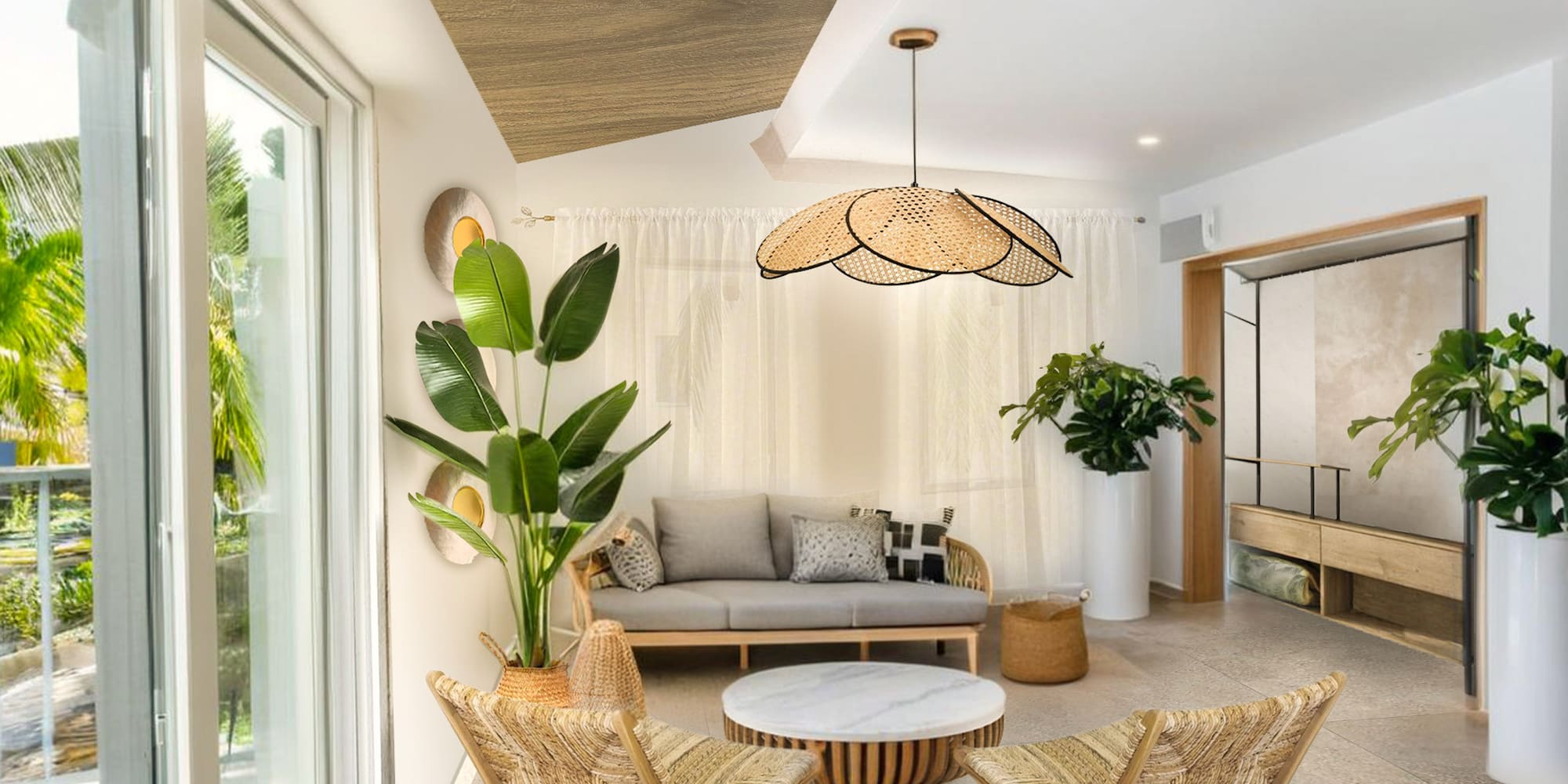 a room with a couch and chairs