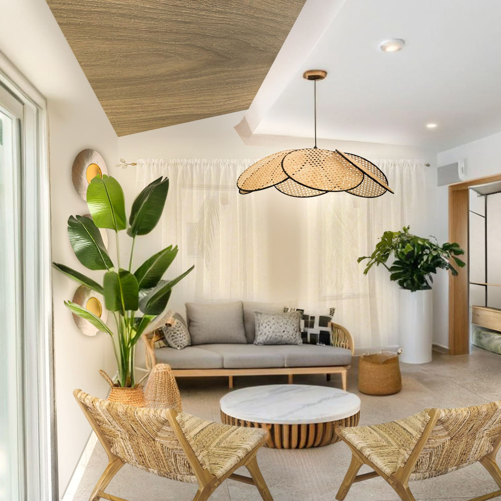 a room with a couch and chairs