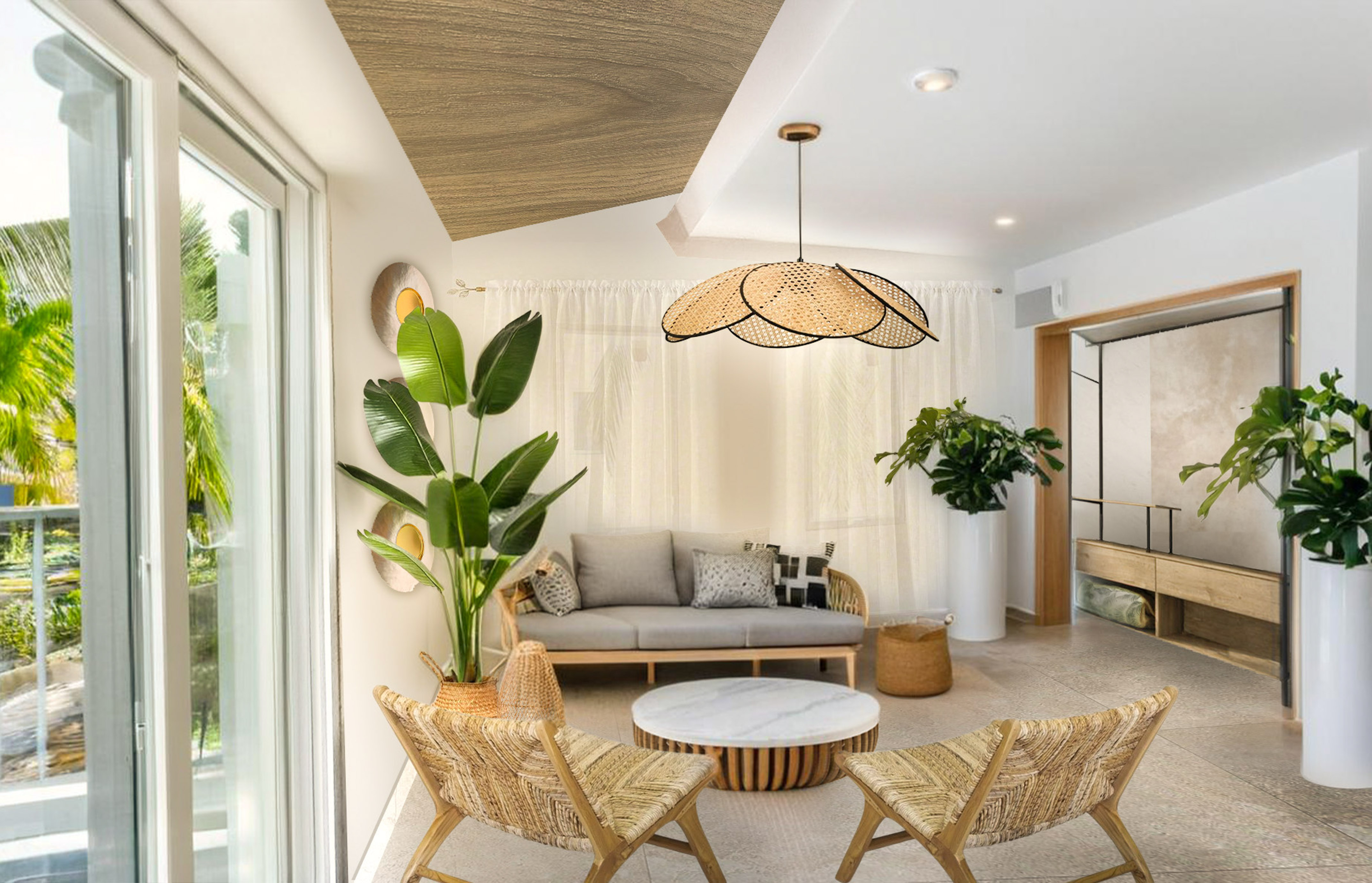 a room with a couch and chairs