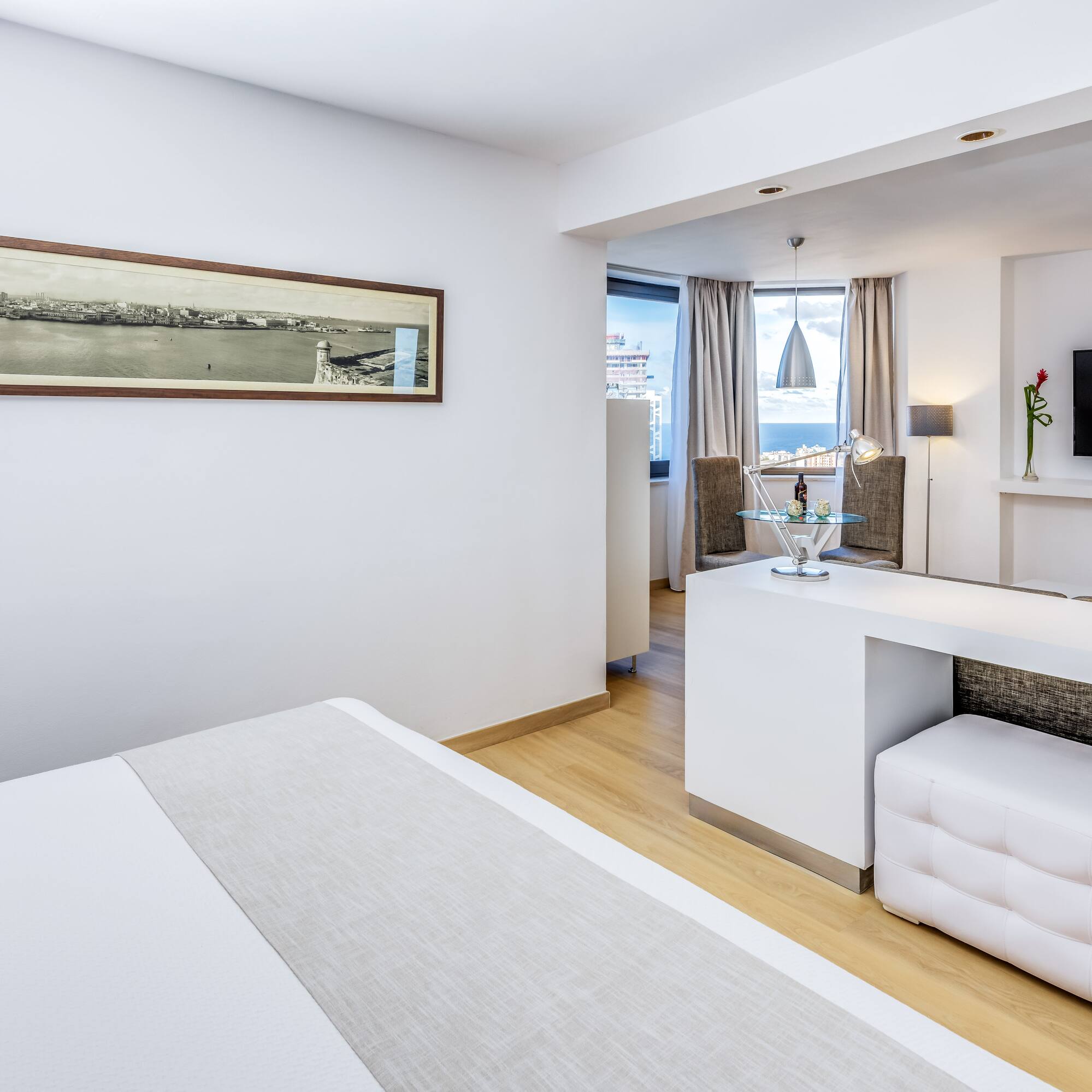 a room with a bed and a tv