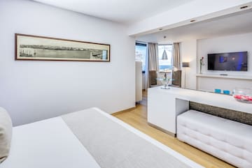 a room with a bed and a tv