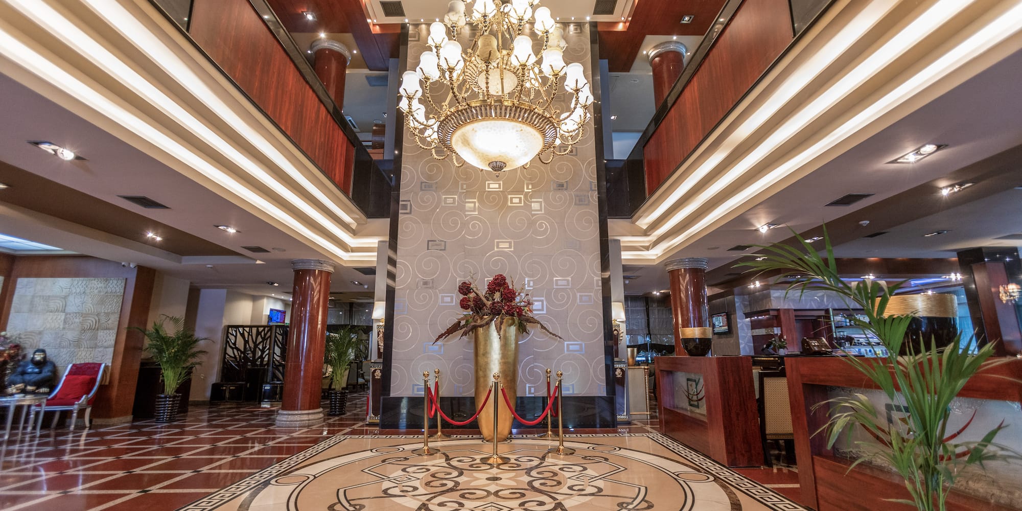 a large chandelier in a hotel lobby