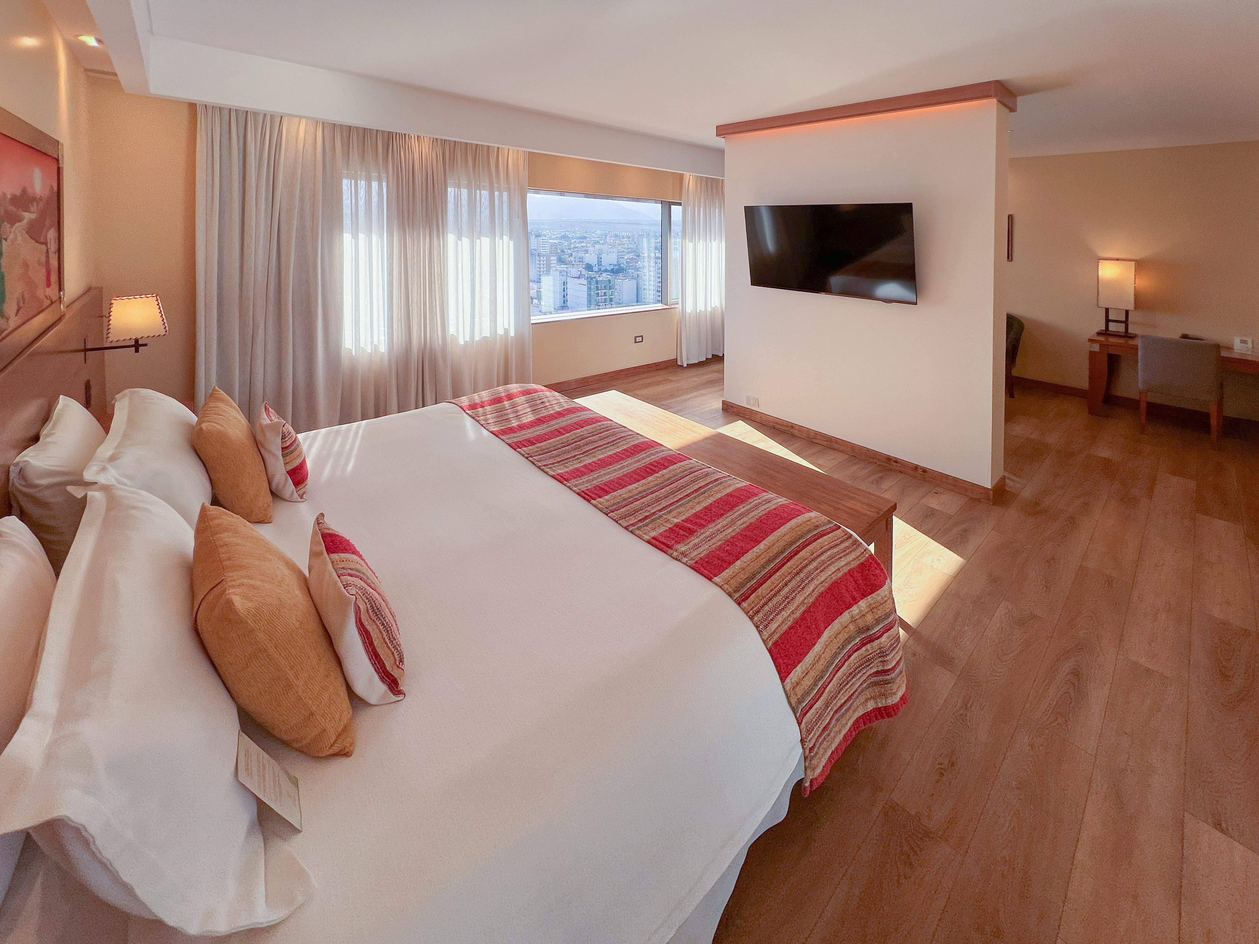 a room with a bed and a television