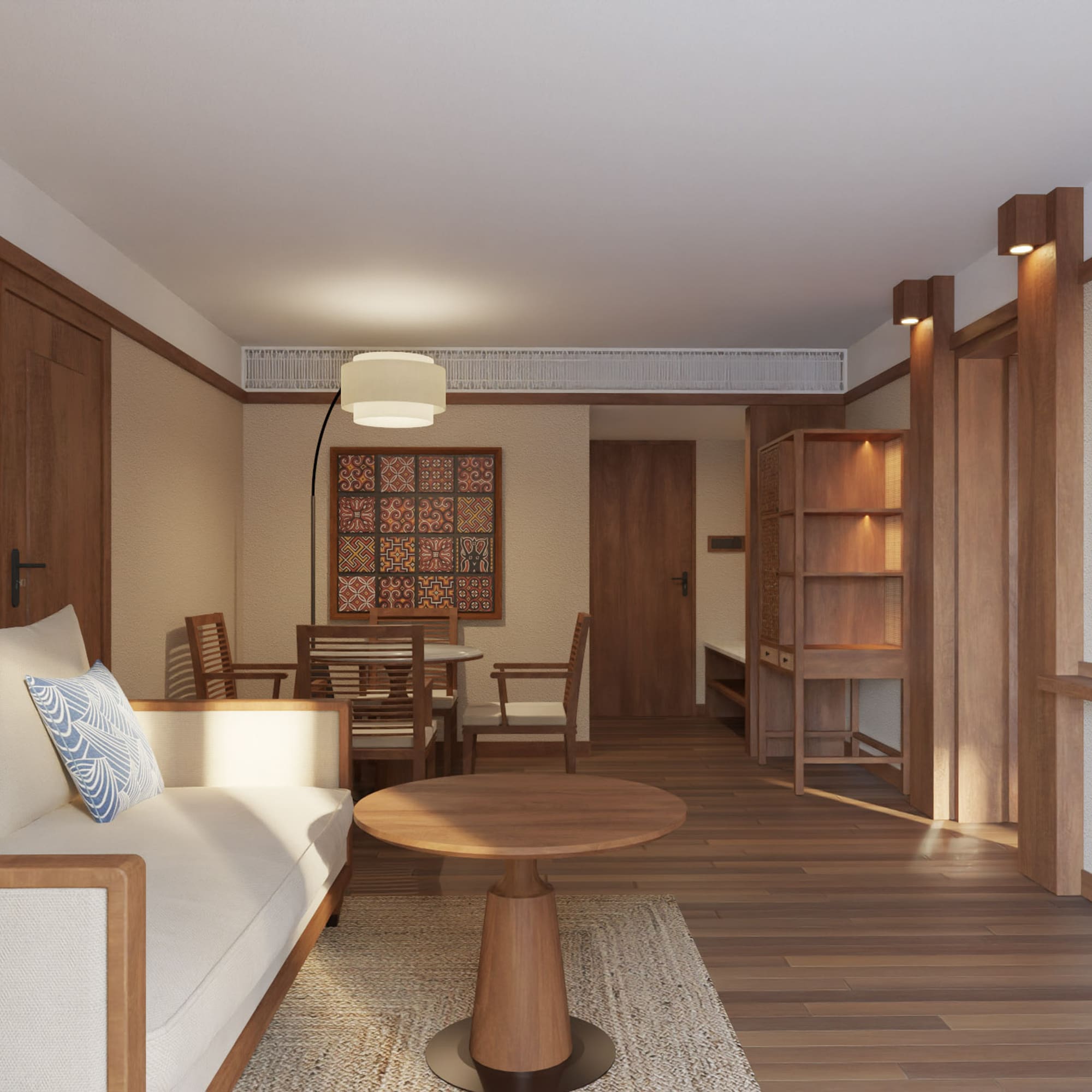 a living room with a couch and a table