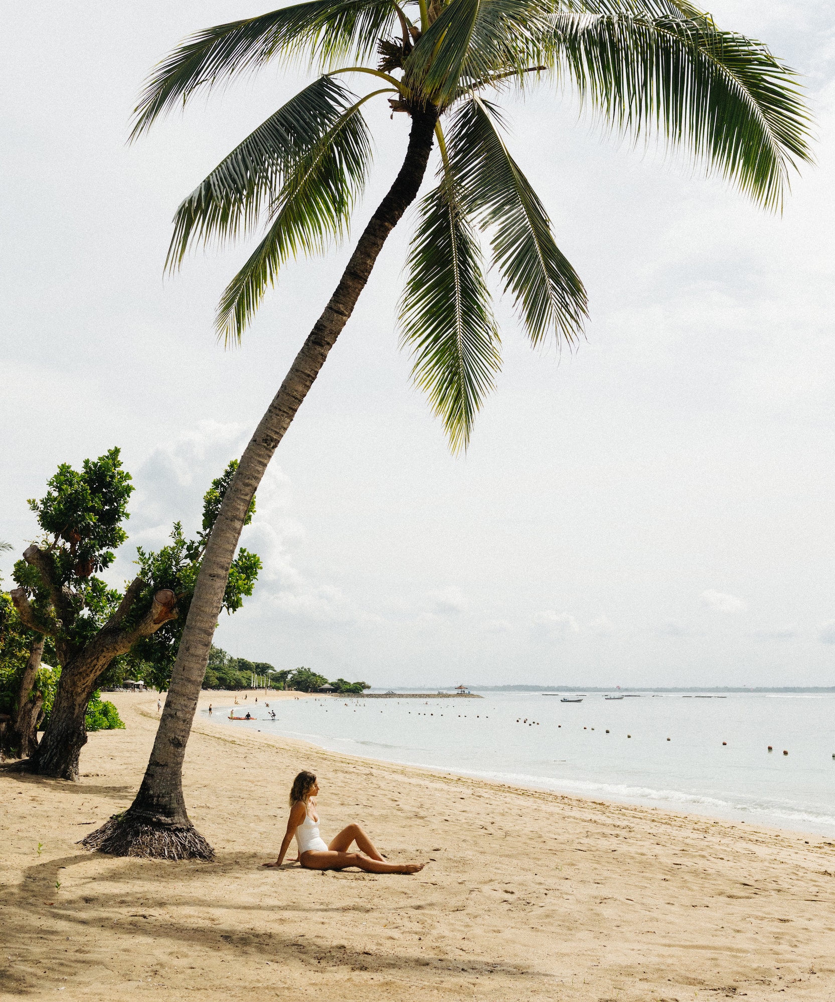 Woman relaxing on sandy tropical beach under palm tree, facing ocean.