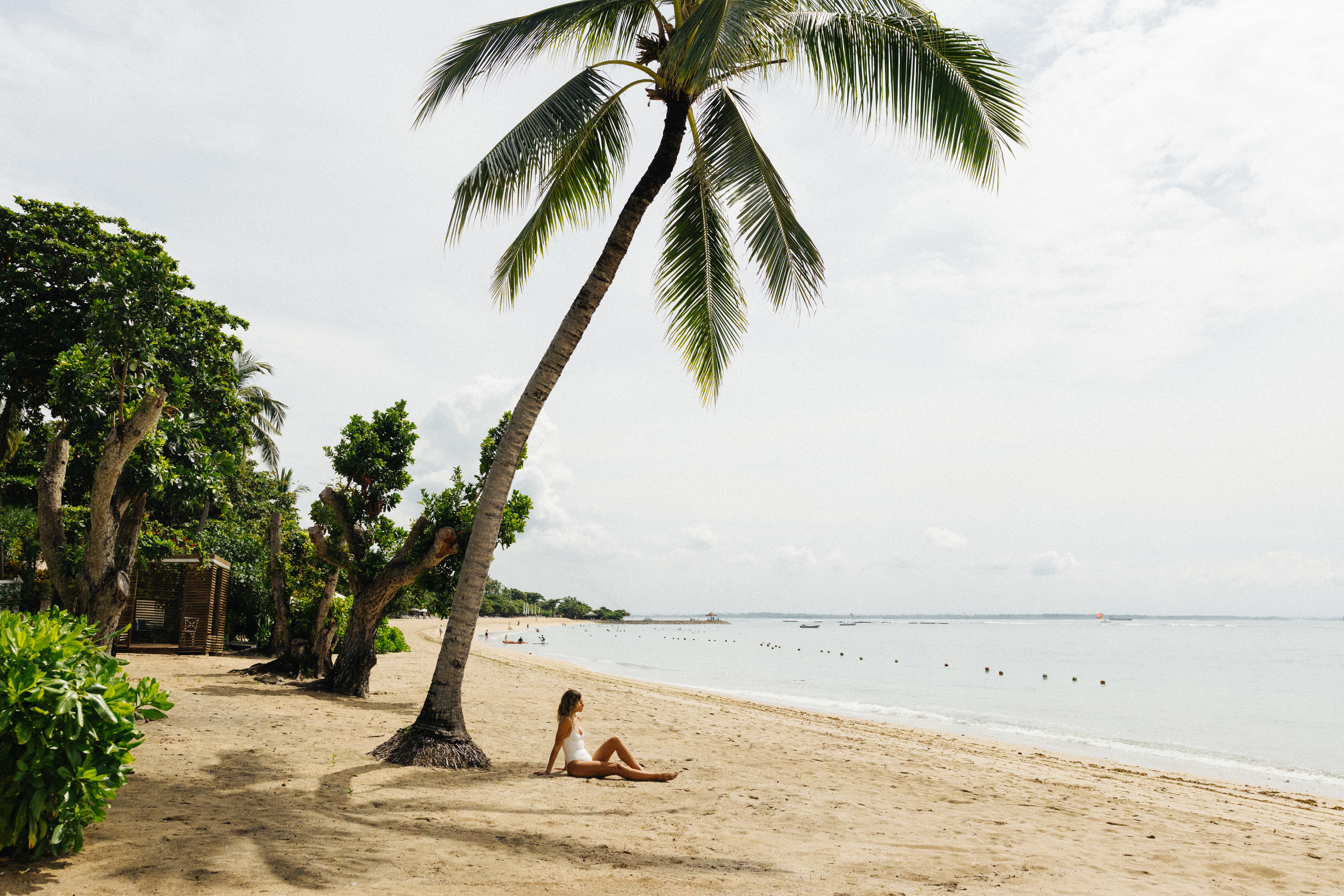 Woman relaxing on sandy tropical beach under palm tree, facing ocean.