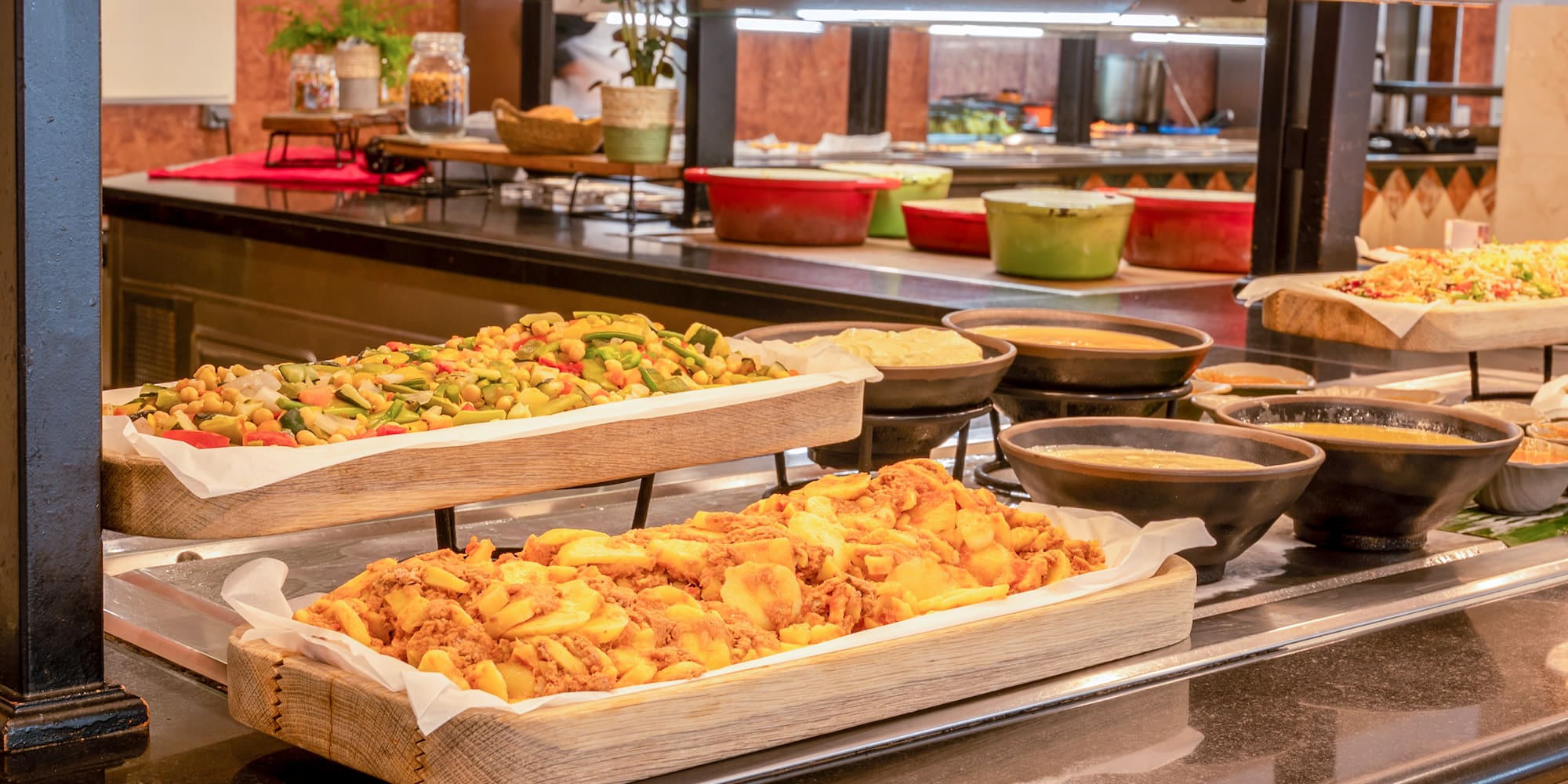 food in a buffet line