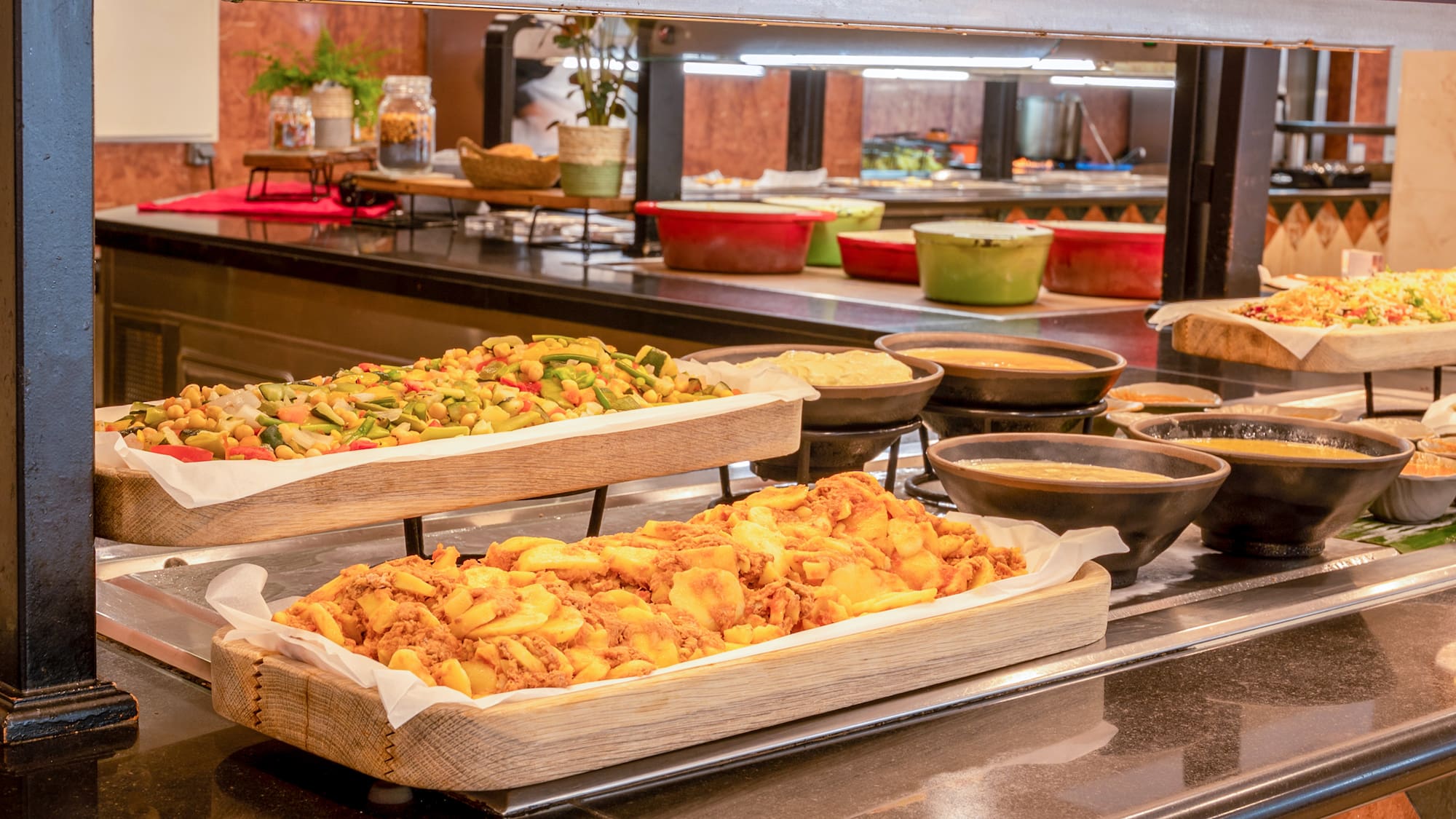 food in a buffet line