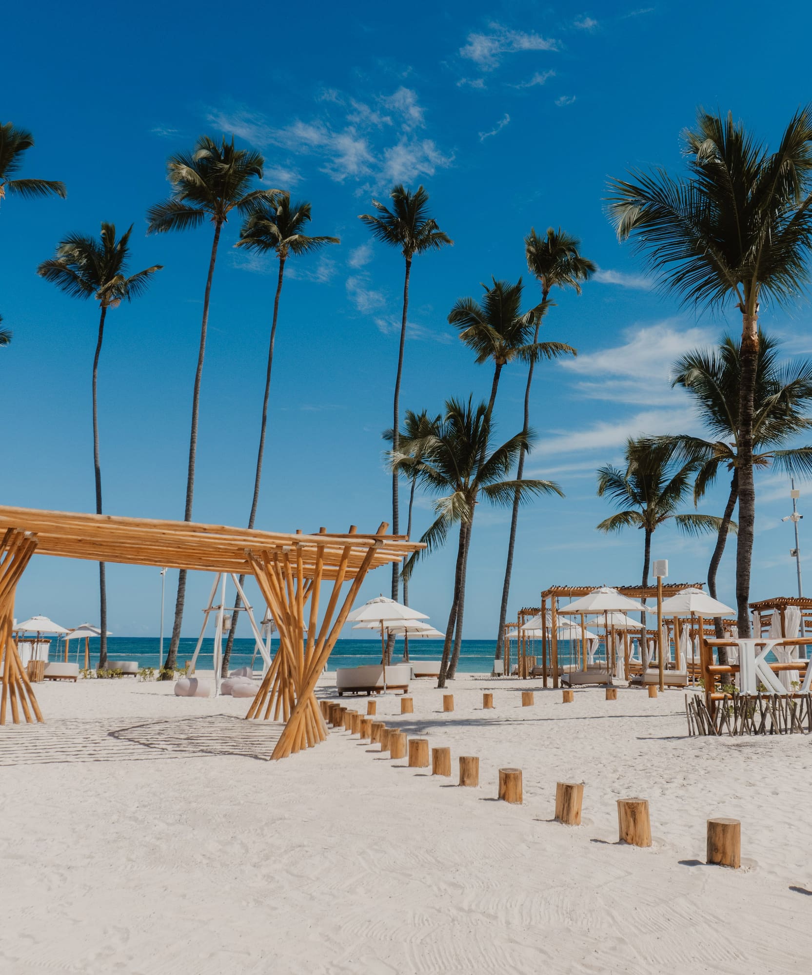 a beach with palm trees and a canopy