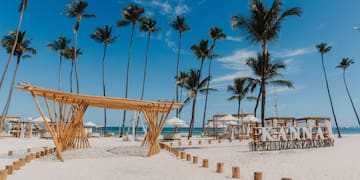 a beach with palm trees and a canopy