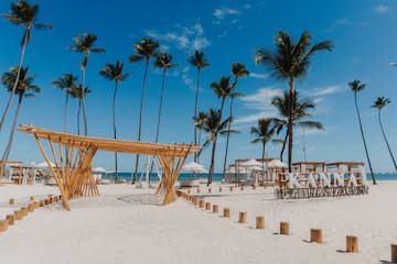 a beach with palm trees and a canopy