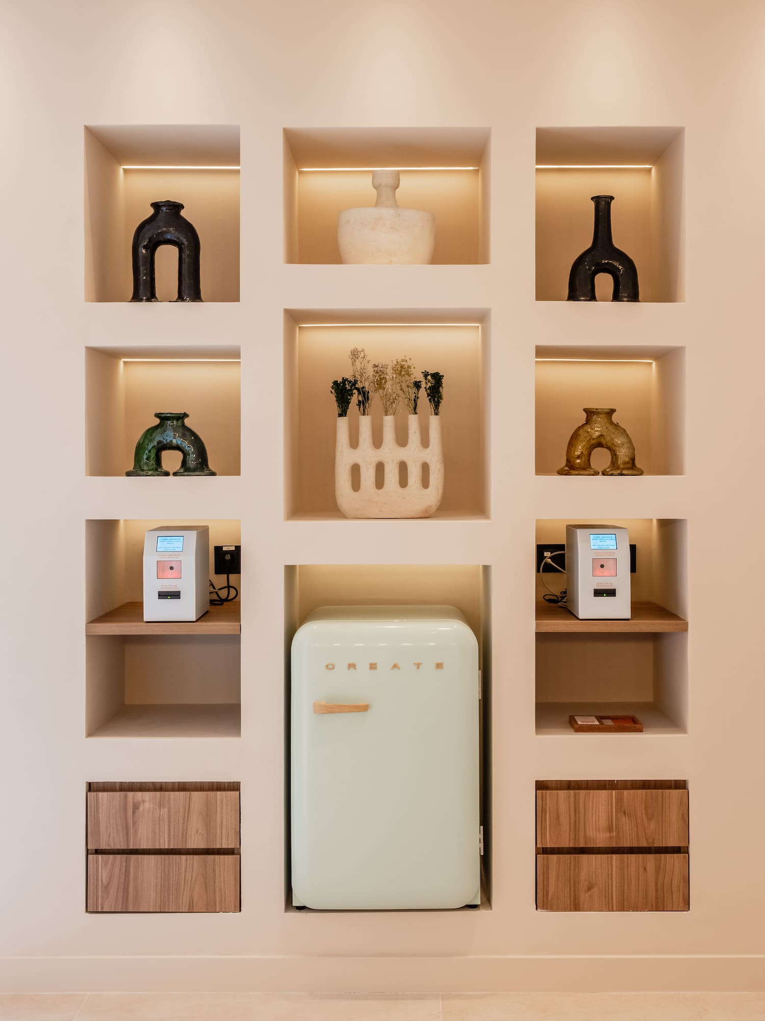 a shelf with shelves and objects on it