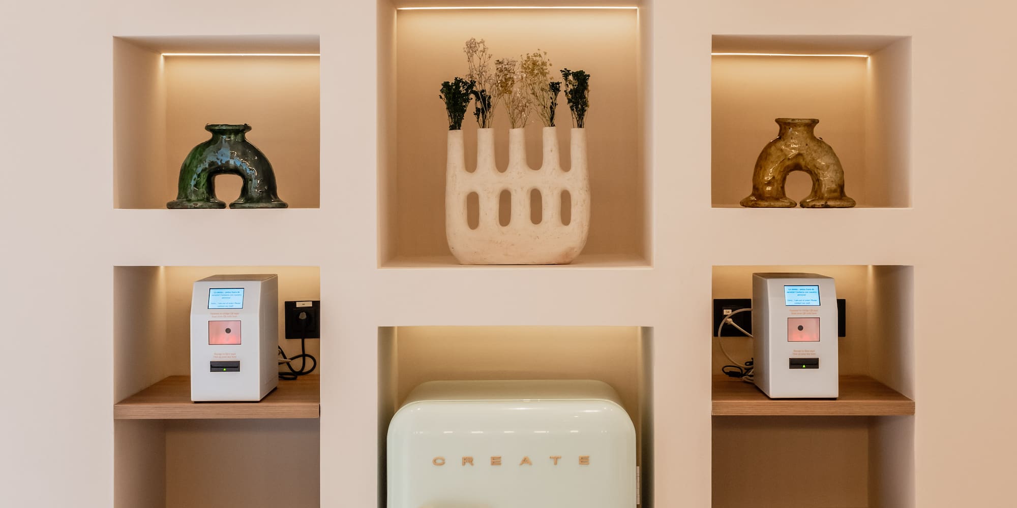 a shelf with shelves and objects on it