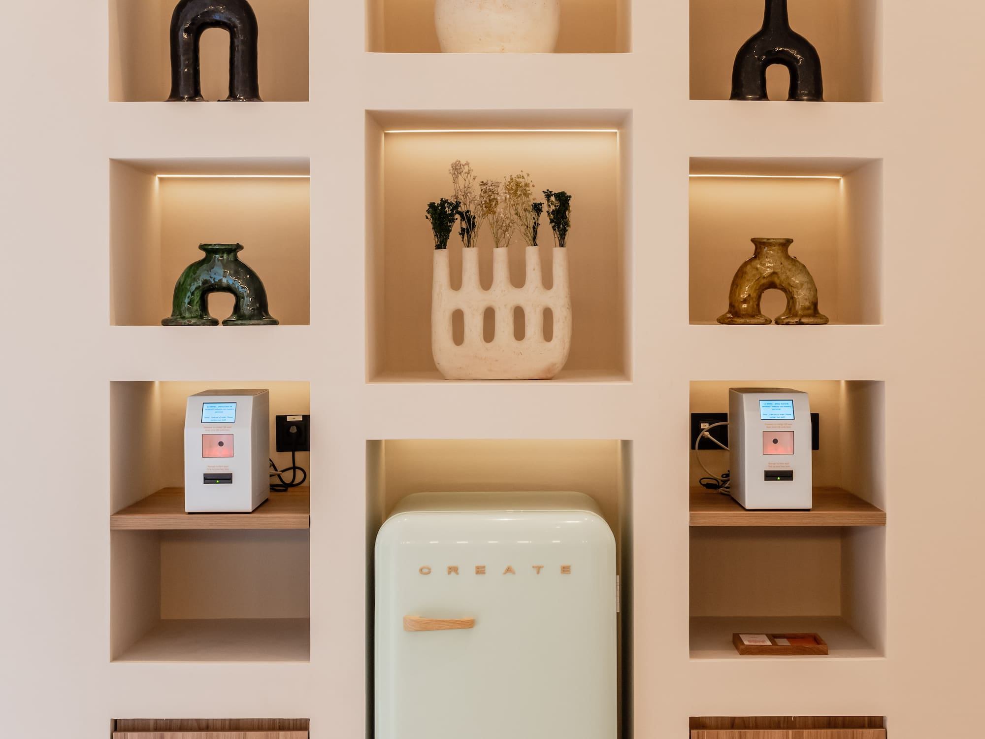 a shelf with shelves and objects on it